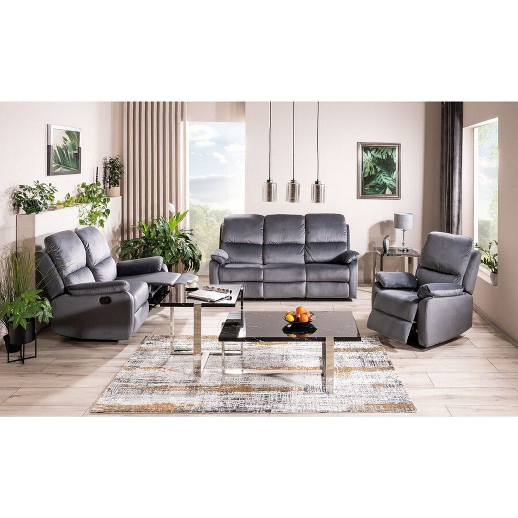 Canapea recliner SPENCER 3, stofa catifelata gri, 193x94x101 cm
