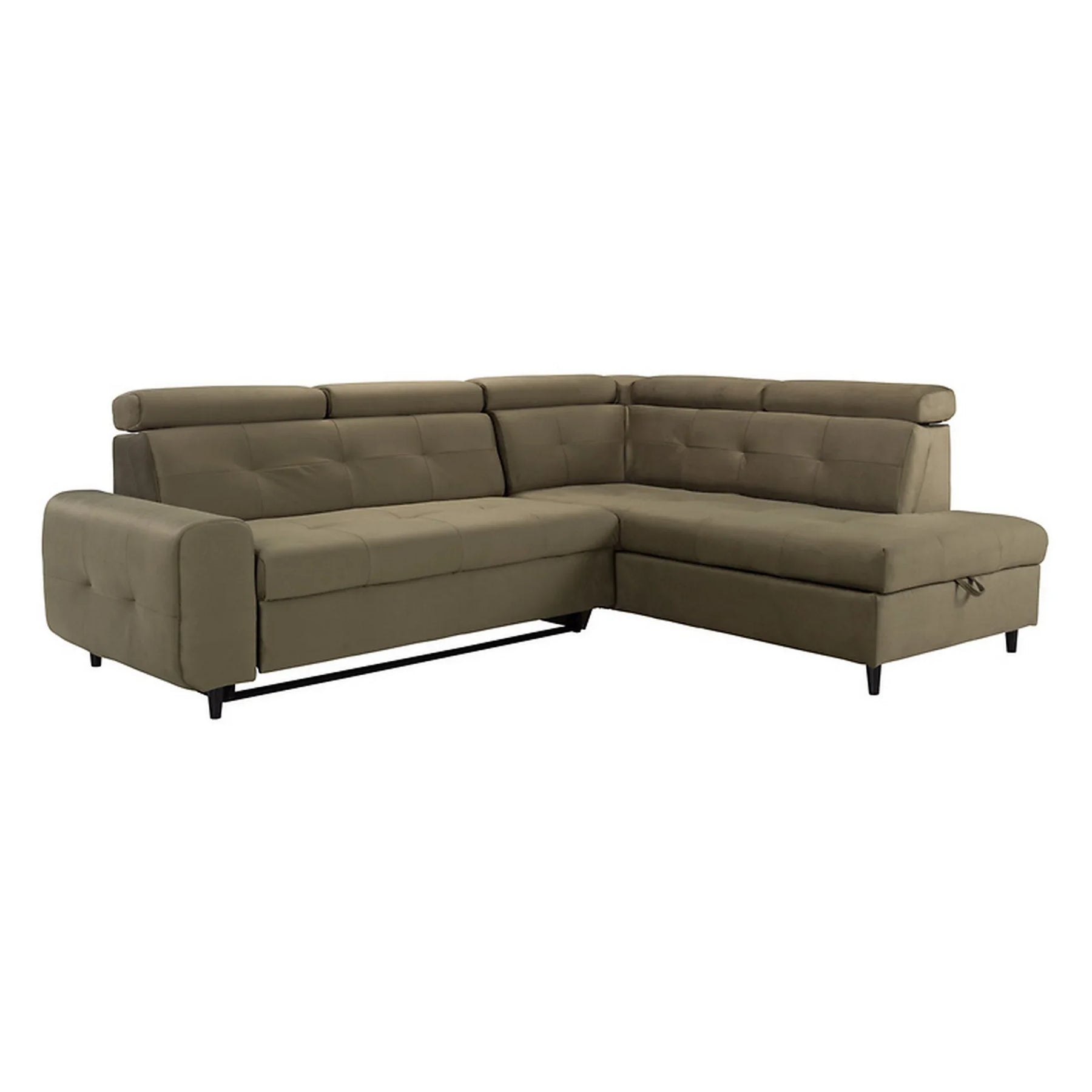 Coltar extensibil MATRAS, sezlong dreapta, stofa catifelata verde olive - Letto 38, cu lada depozitare, 263x205x98 cm