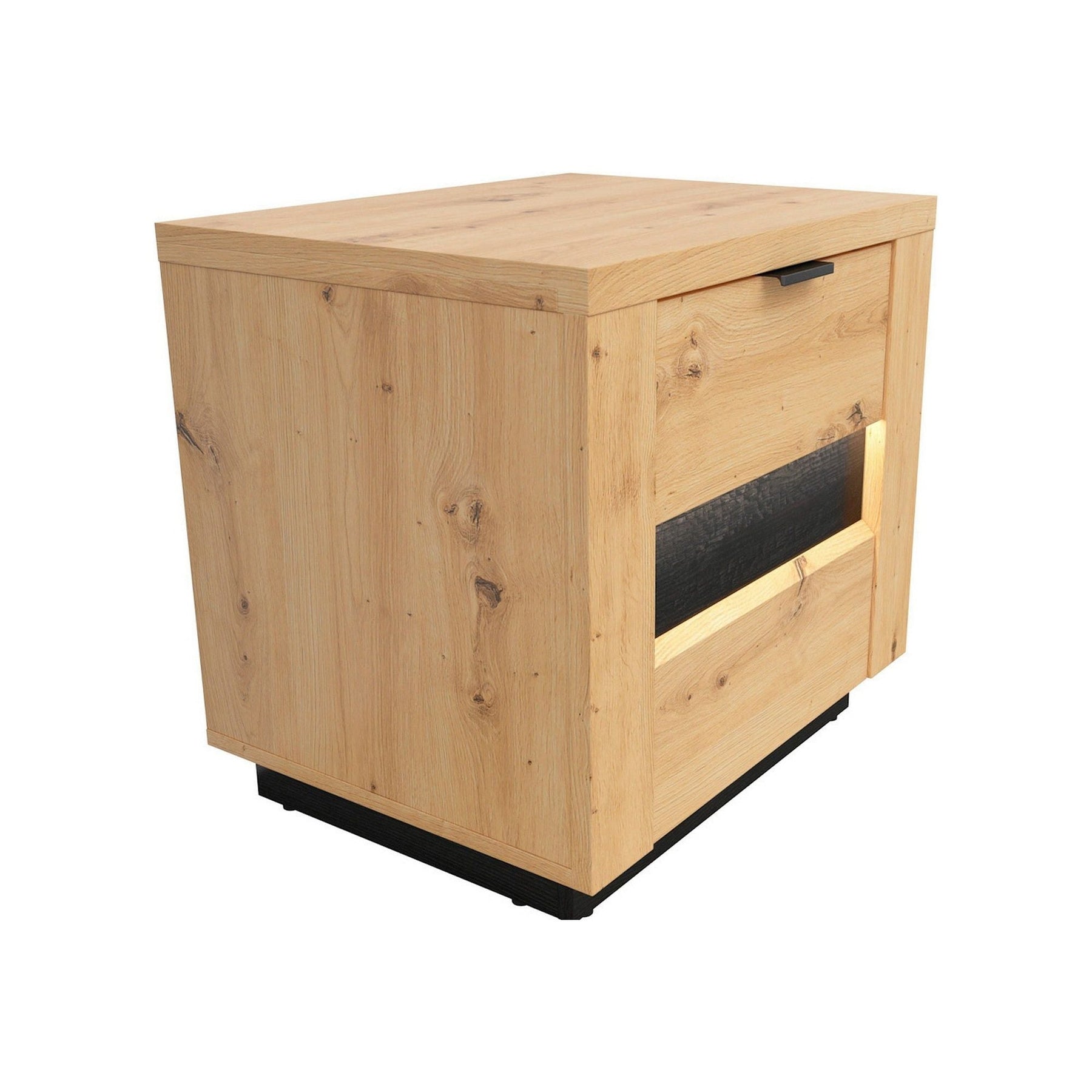 Noptiera OSTIA, stejar artizanal/negru, PAL, cu iluminare LED, 54x42x51.5 cm