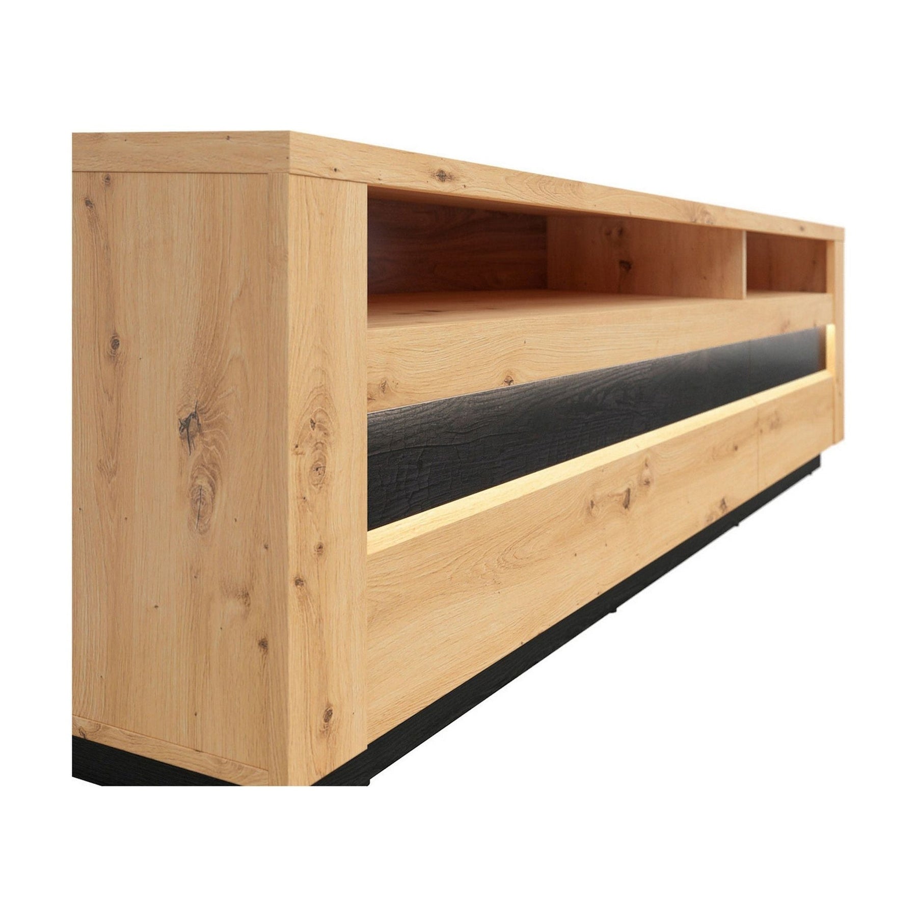 Comoda TV OSTIA, stejar artizanal/negru, PAL, cu iluminare LED, 161x48x53.5 cm