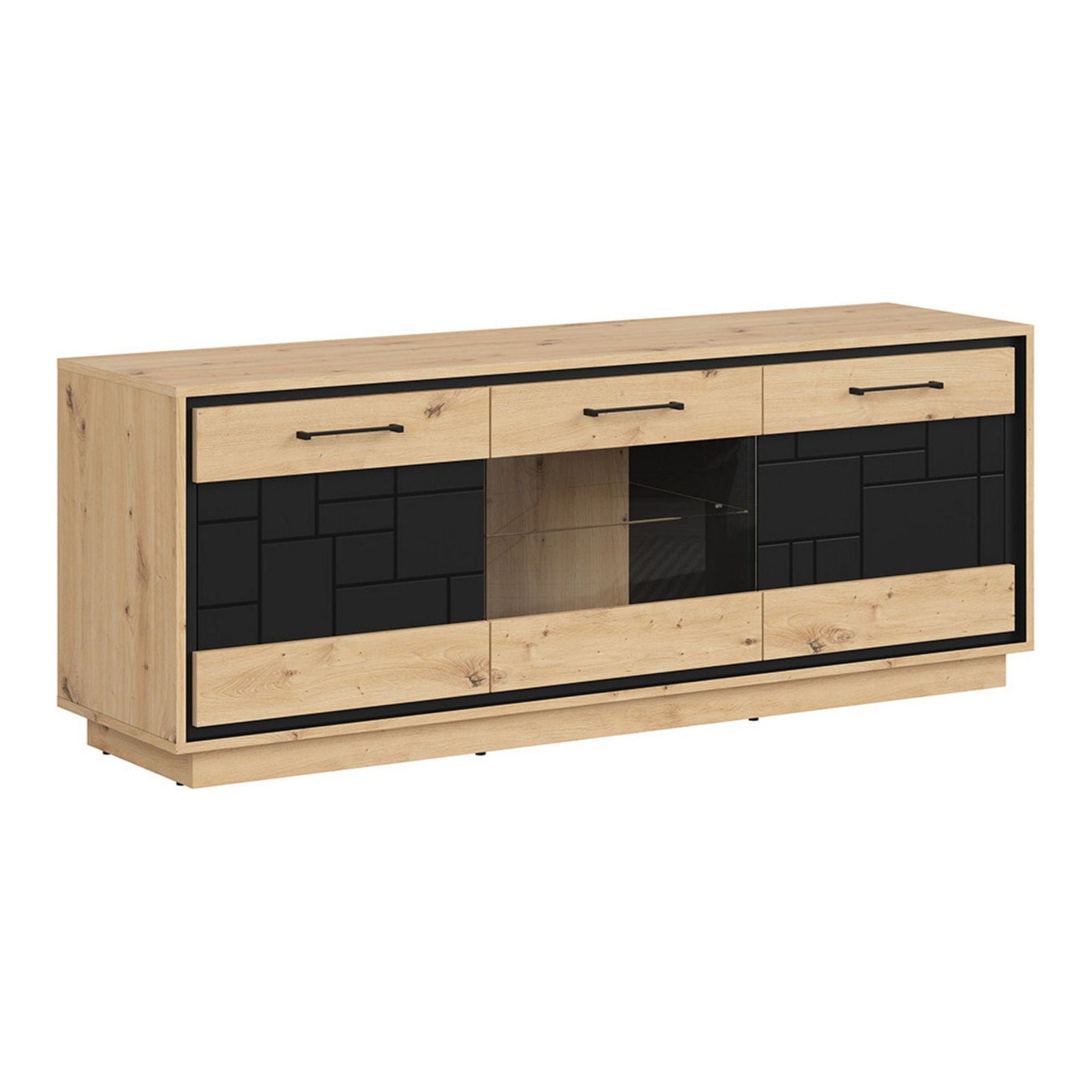 Comoda TV PONT, stejar artizanal/negru mat, PAL/sticla, 160x42x61.5 cm