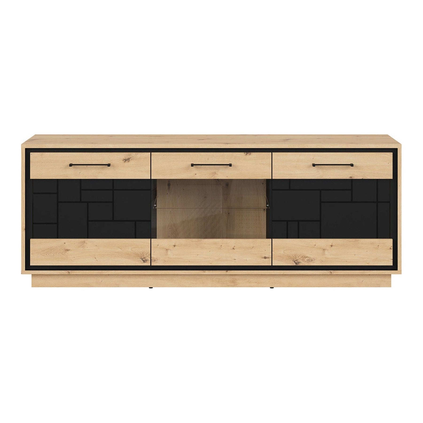 Comoda TV PONT, stejar artizanal/negru mat, PAL/sticla, 160x42x61.5 cm