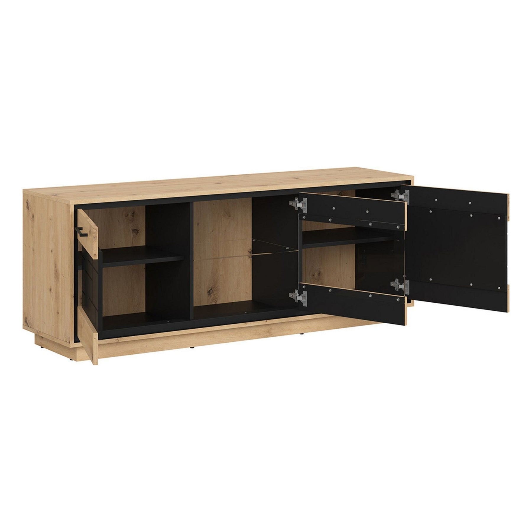 Comoda TV PONT, stejar artizanal/negru mat, PAL/sticla, 160x42x61.5 cm