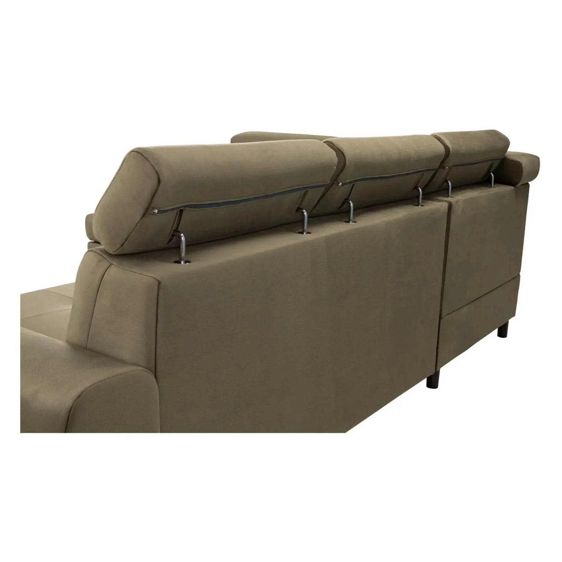 Coltar extensibil MATRAS, sezlong stanga, stofa catifelata verde olive - Letto 38, cu lada depozitare si tetiere reglabile, 263x205x98 cm