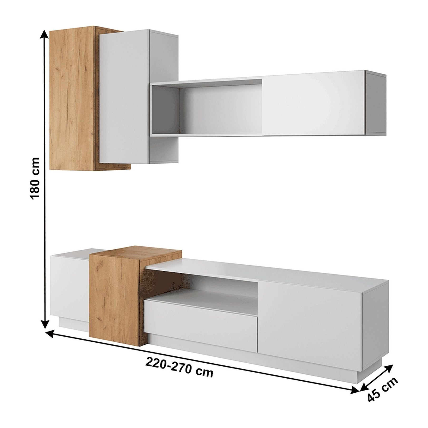 Set living TRIO, stejar auriu/alb, PAL, 220x45x180 cm