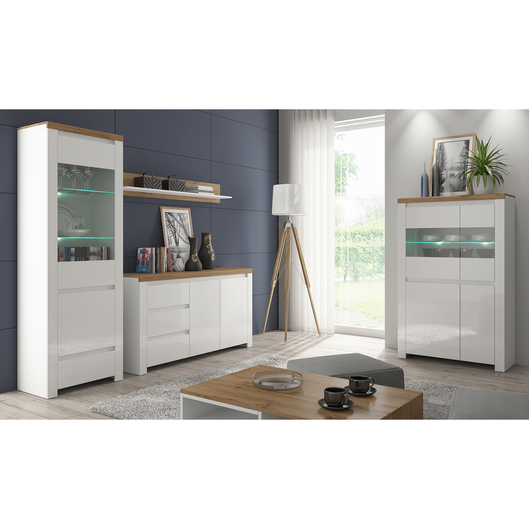 Vitrina VIGO 2D2W, alb/stejar wotan, PAL laminat, sticla, 98x42x157 cm