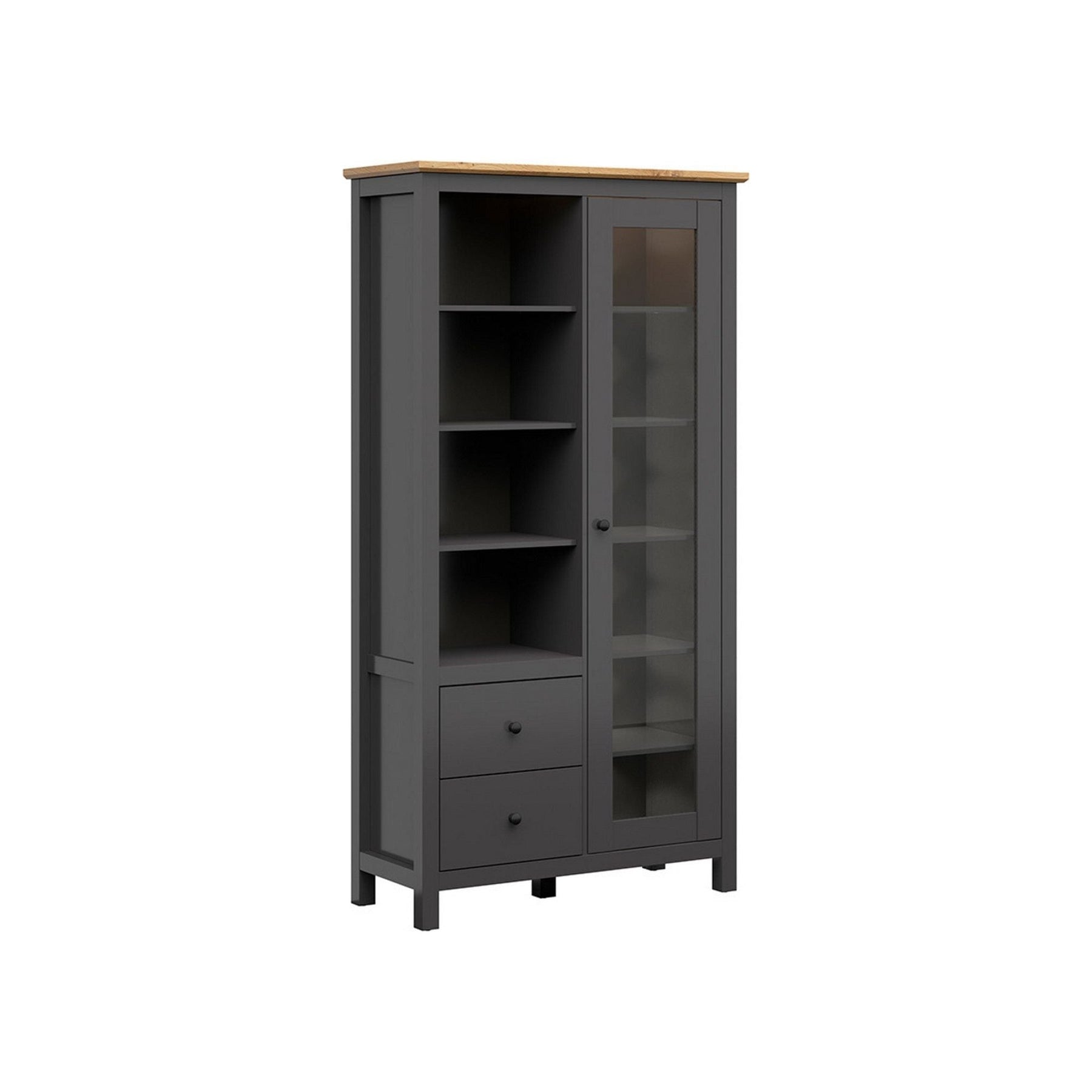 Vitrina HESEN, gri grafit/stejar artizanal, PAL, cu iluminare LED, 106x44x203 cm
