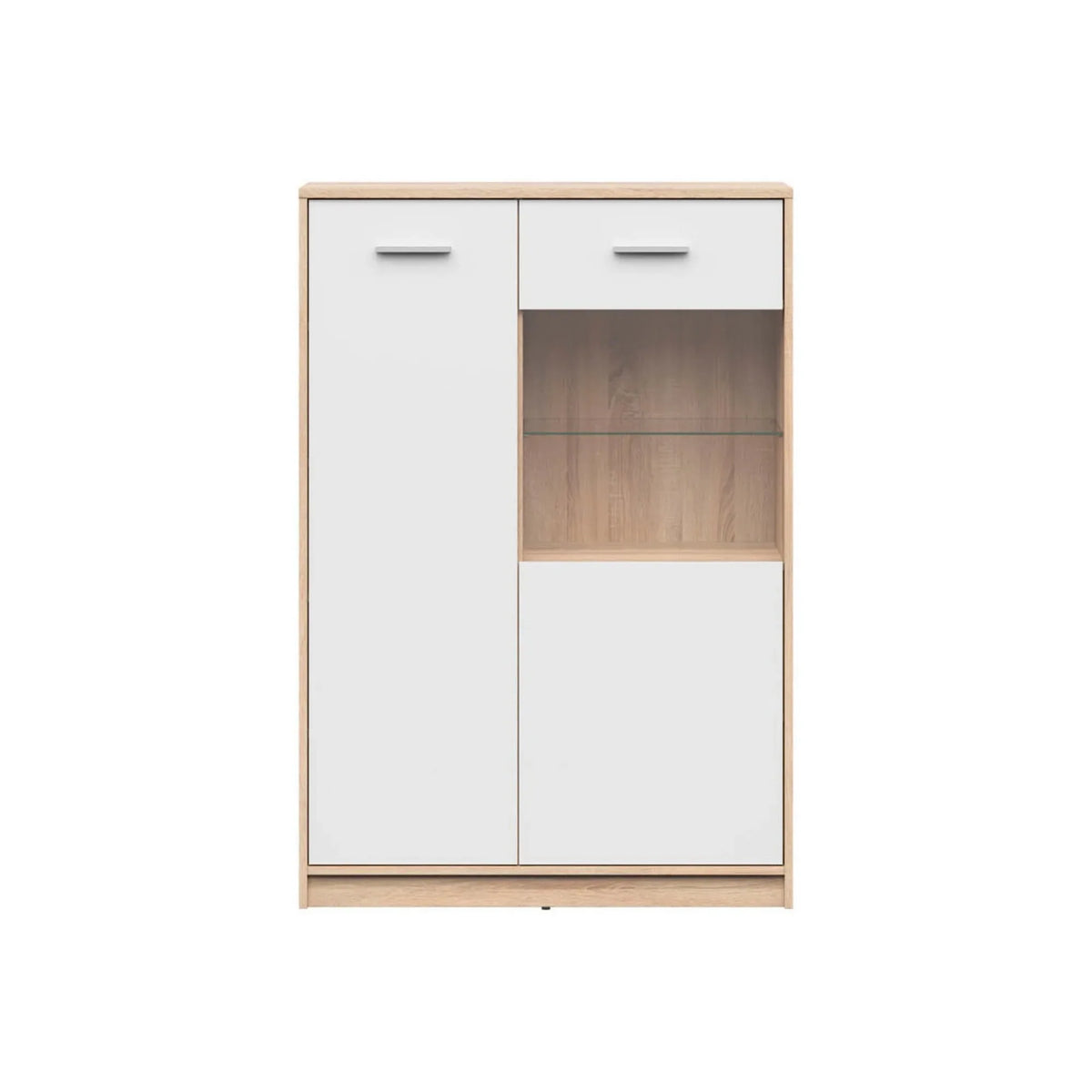 Vitrina NEPO PLUS, stejar sonoma/alb, PAL laminat/sticla securizata, 90x34x132 cm