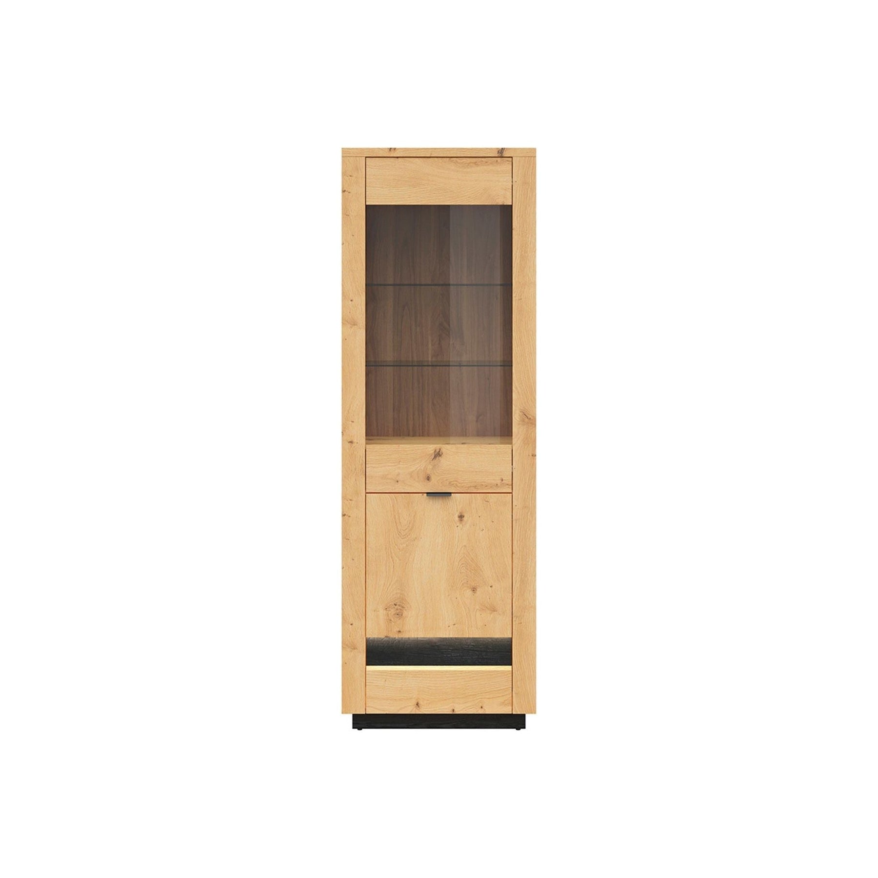 Vitrina OSTIA, stejar artizanal/negru, PAL/sticla, cu iluminare LED, 66.5x42x199 cm