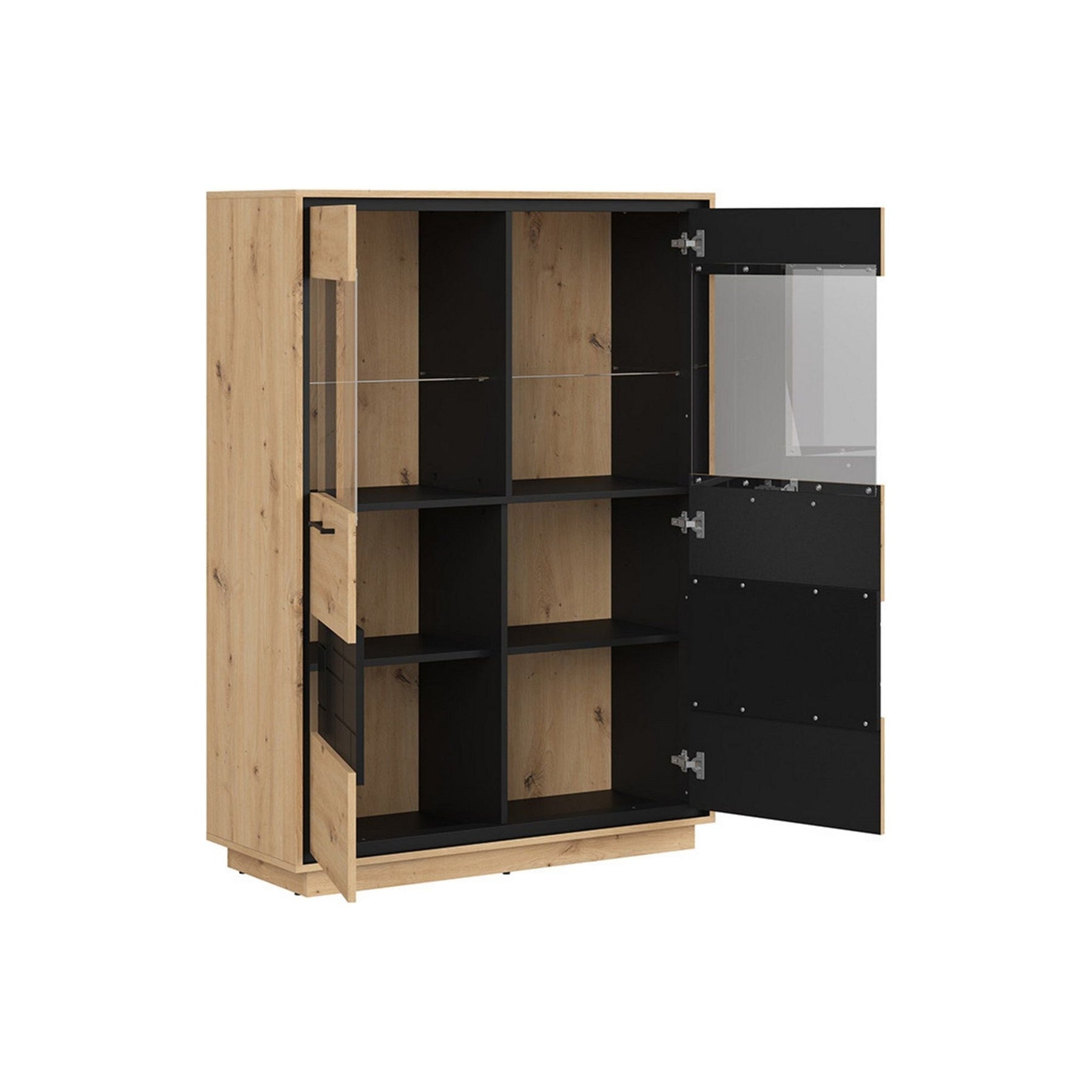 Vitrina PONT, stejar artizanal/negru mat, PAL/sticla, 109x42x105.5 cm