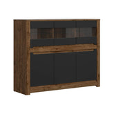 Vitrina RUSO, stejar/negru mat, PAL/sticla, 149x46x121 cm