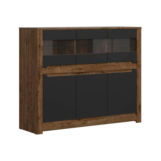 Vitrina RUSO, stejar/negru mat, PAL/sticla, 149x46x121 cm