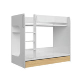 Pat supraetajat NANDU, alb lucios, cu suport saltea si sertar