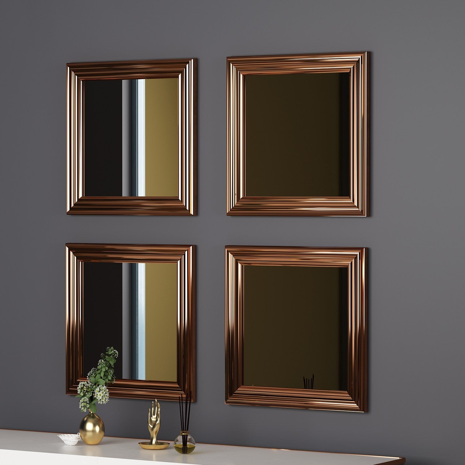 Set 4 oglinzi, bronz, sticla, 40x40 cm