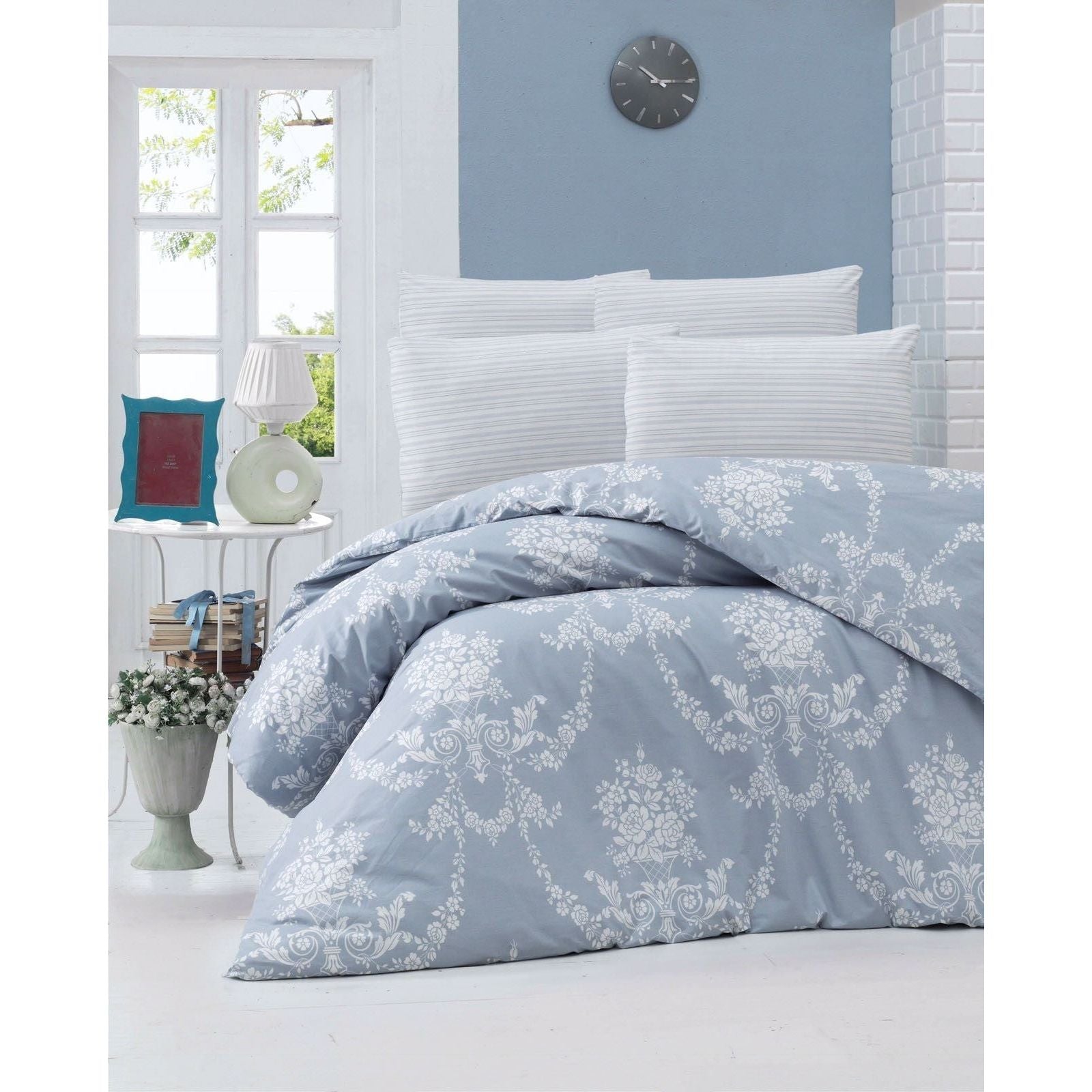 Set lenjerie pat dublu 121VCT2643, bumbac ranforce 100%, alb/albastru, 200 x 220 cm + 2 fete de perna