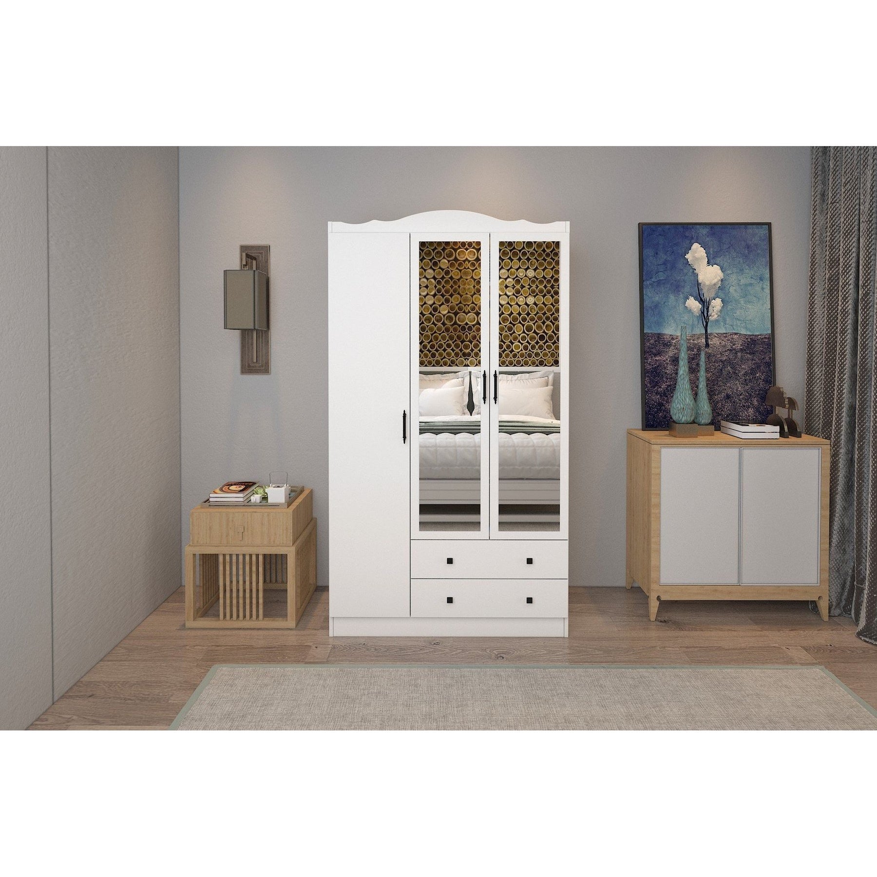 Dulap Lavinia 003, alb, PAL, cu 3 usi si 2 sertare, 105x50x186 cm