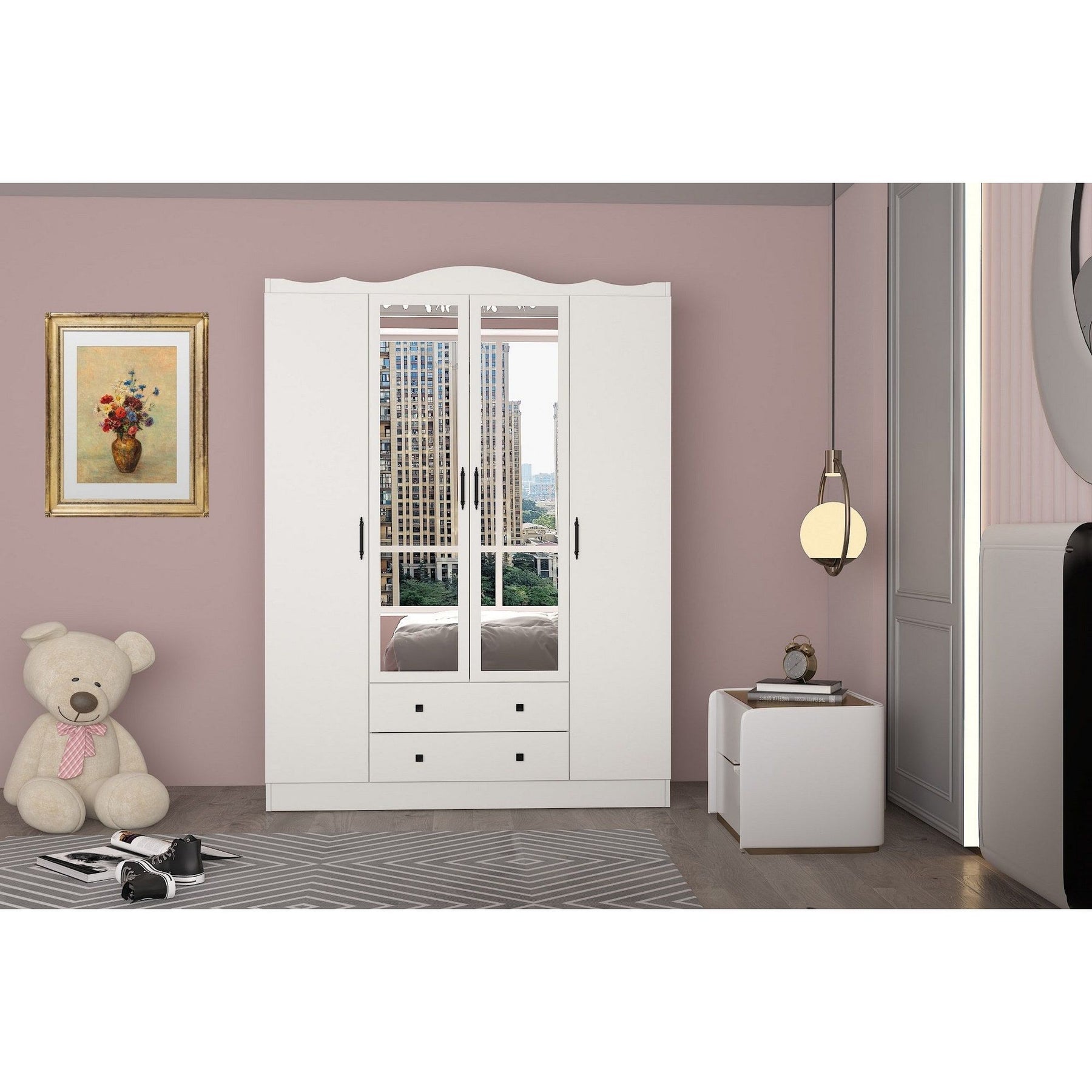 Dulap Lavinia 004, alb, PAL, cu 4 usi si 2 sertare, 140x50x186 cm
