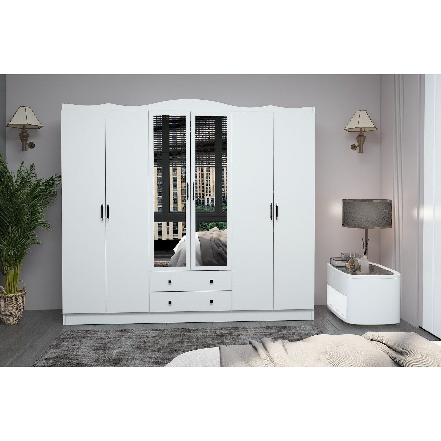 Dulap Lavinia 006, alb, PAL, cu 6 usi si 2 seratre, 210x50x186 cm