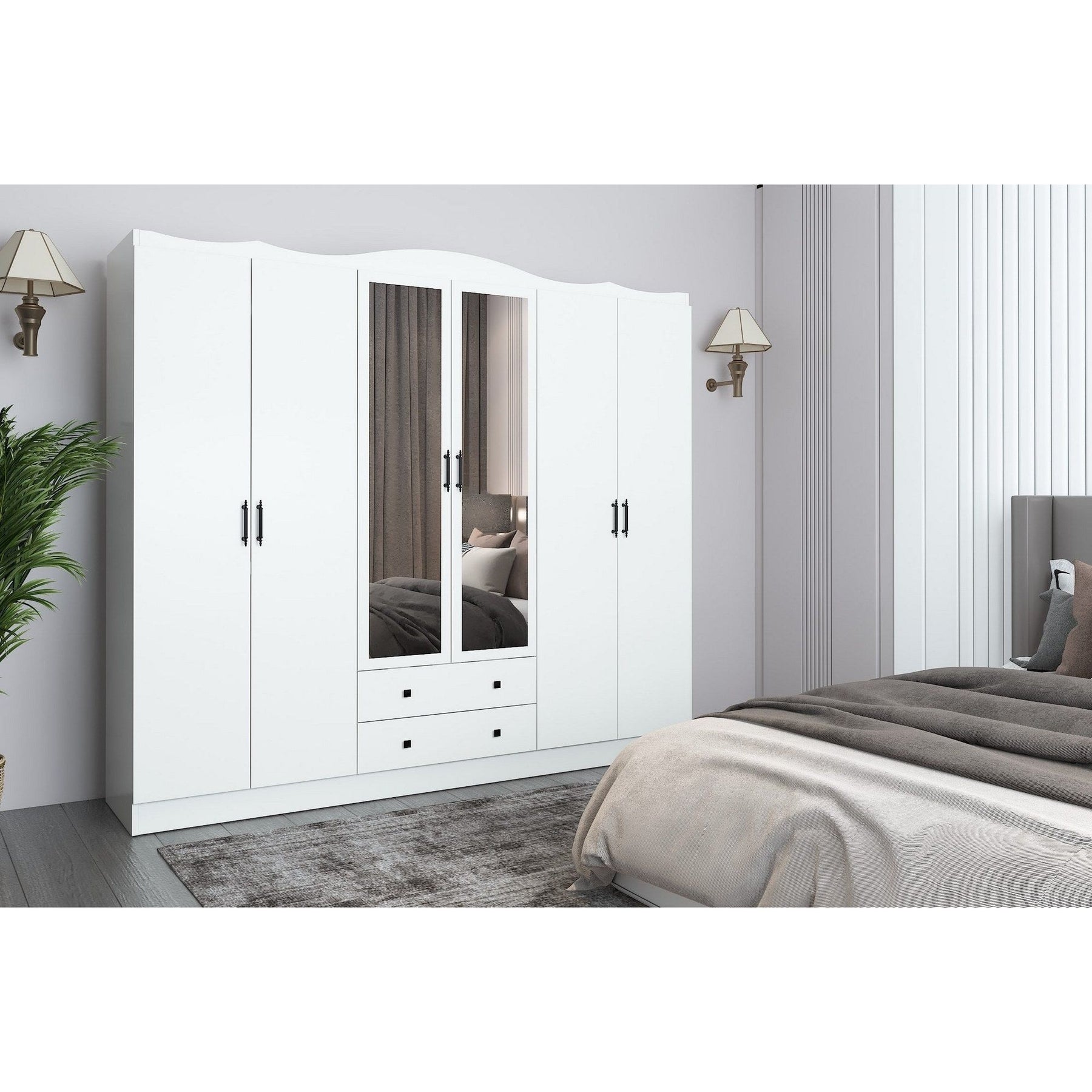 Dulap Lavinia 006, alb, PAL, cu 6 usi si 2 seratre, 210x50x186 cm