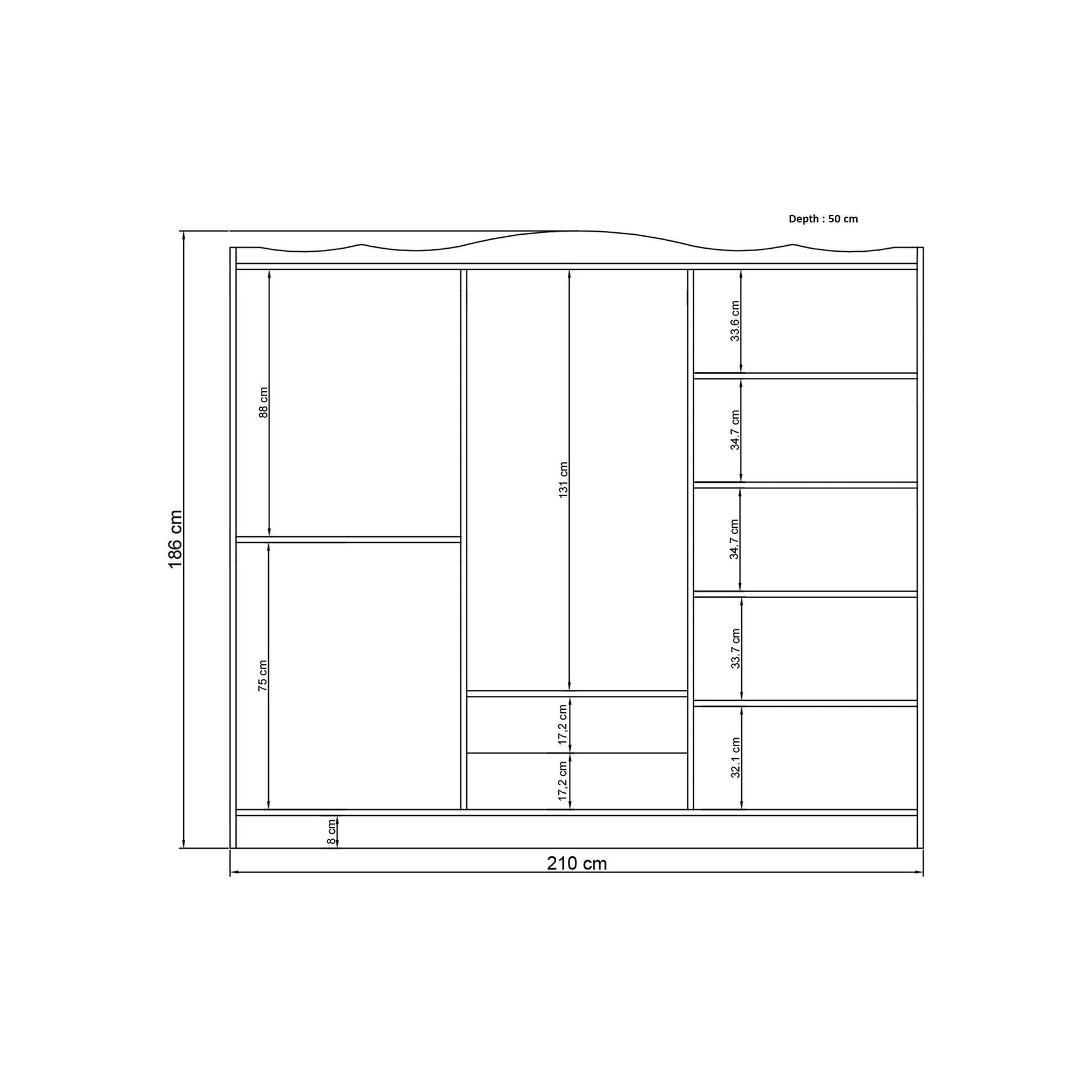 Dulap Lavinia 006, alb, PAL, cu 6 usi si 2 seratre, 210x50x186 cm