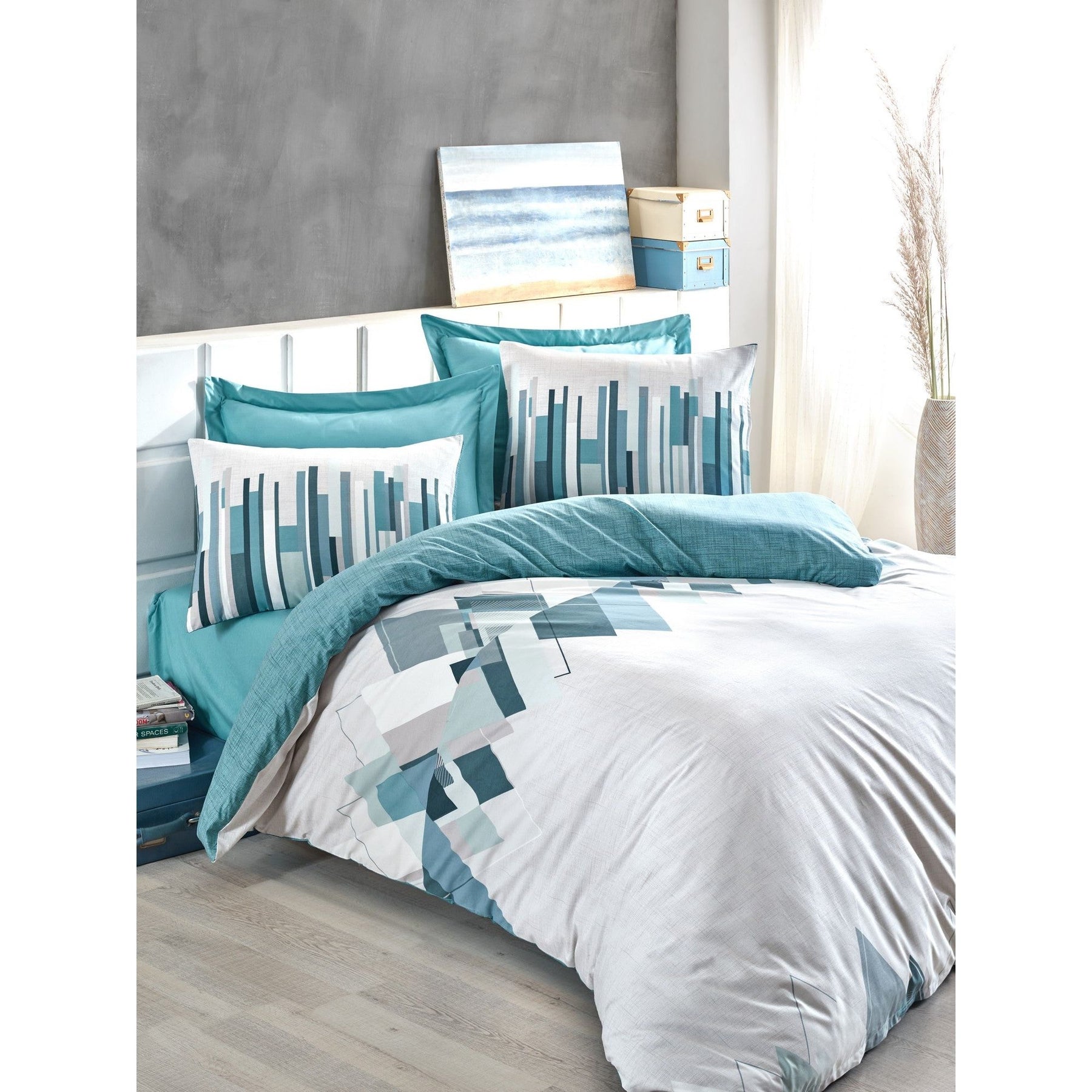 Set lenjerie pat dublu Nesto, bumbac ranforce 100%, gri, 200 x 220 cm + 2 fete de perna