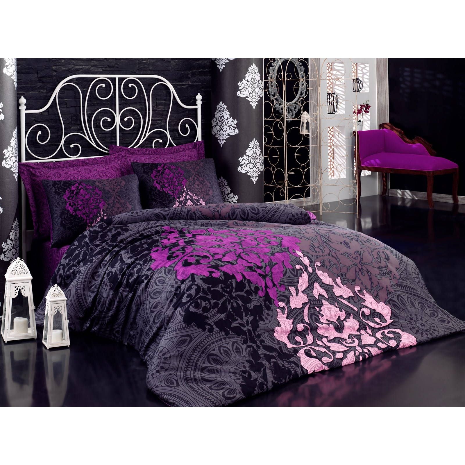 Set lenjerie pat dublu Kosem , bumbac satinat 100%, antracit/violet , 200 x 220 cm + 4 fete de perna