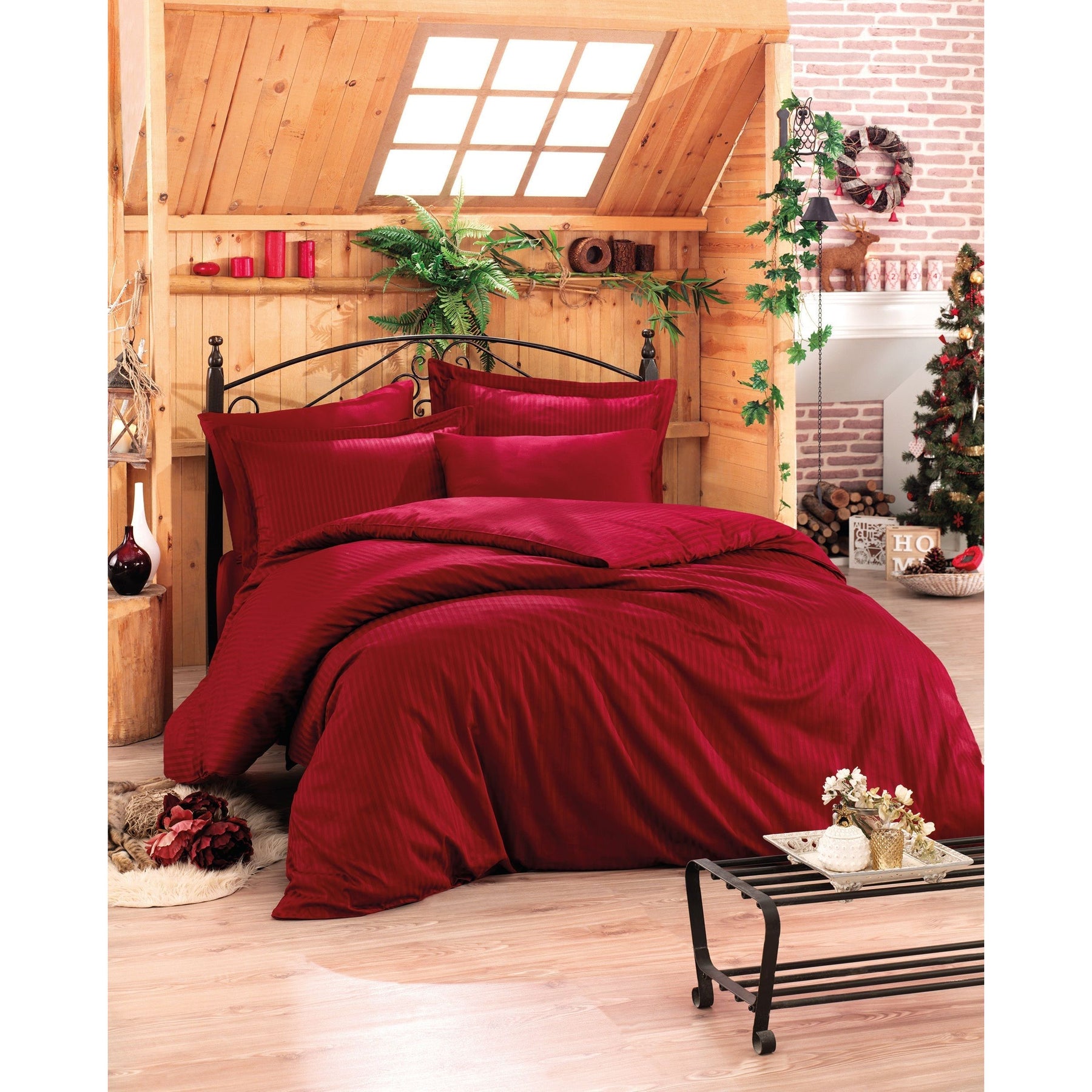 Set lenjerie pat Stripe, bumbac satinat 100%, rosu, 200 x 220 cm + 2 fete de perna