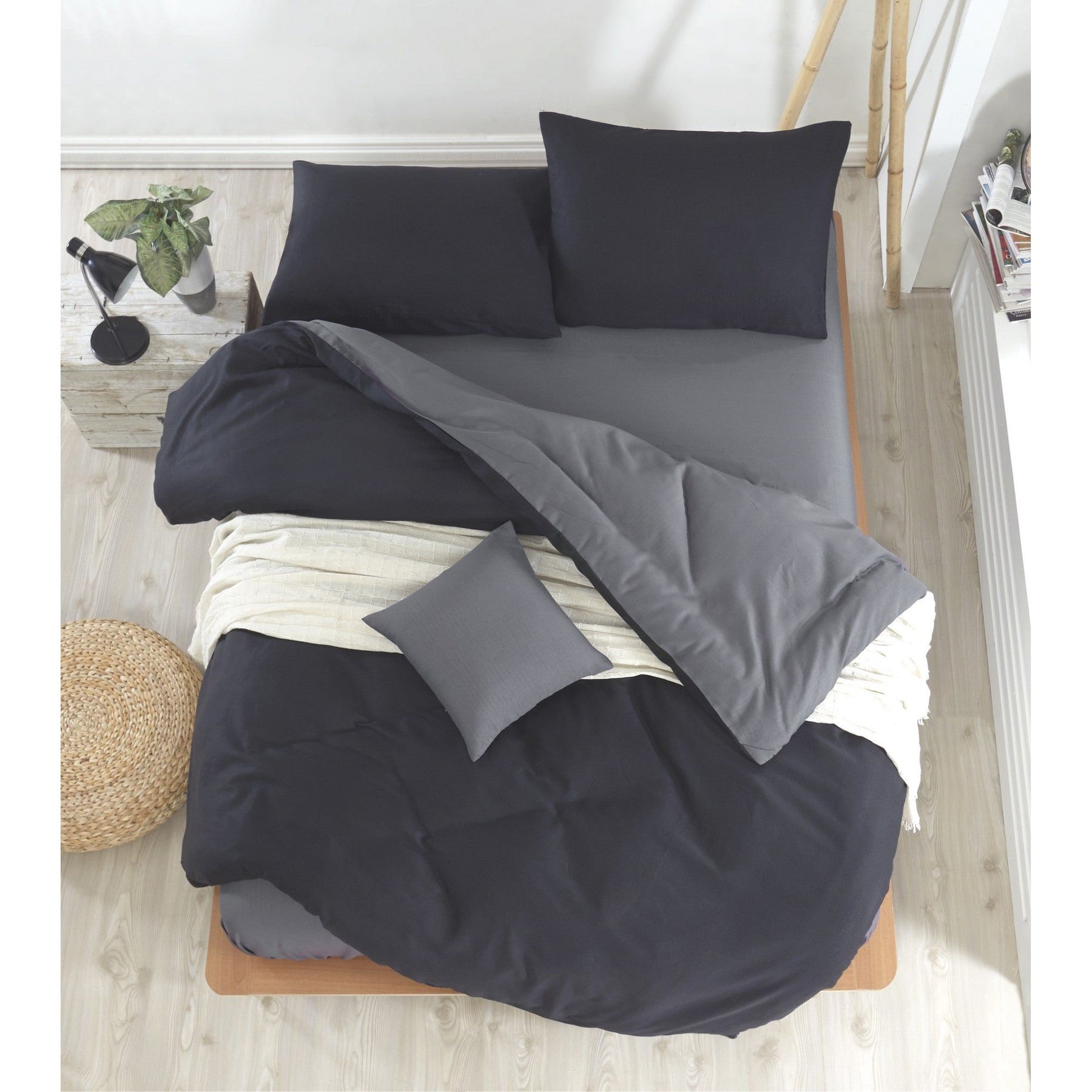 Set lenjerie pat dublu Mix, bumbac/poliester, negru/gri, 200 x 220 cm + 2 fete de perna