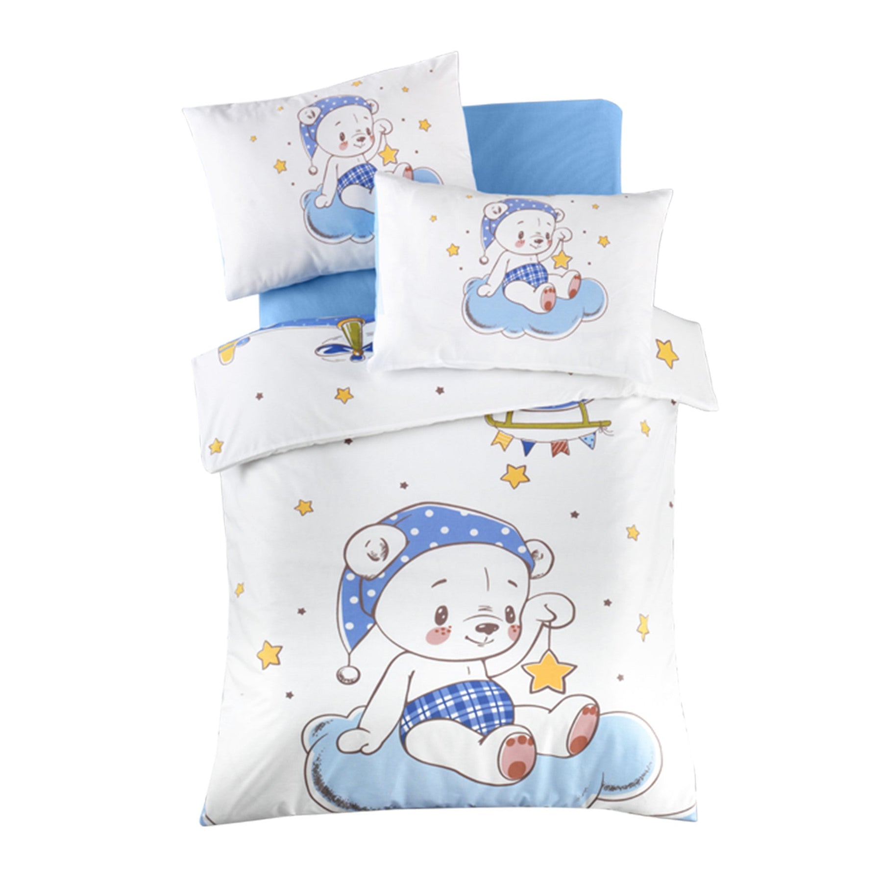Set lenjerie pat pentru copii 170PTK2019, bumbac ranforce 100%, alb/albastru, 100 x 150 cm + 2 fete de perna