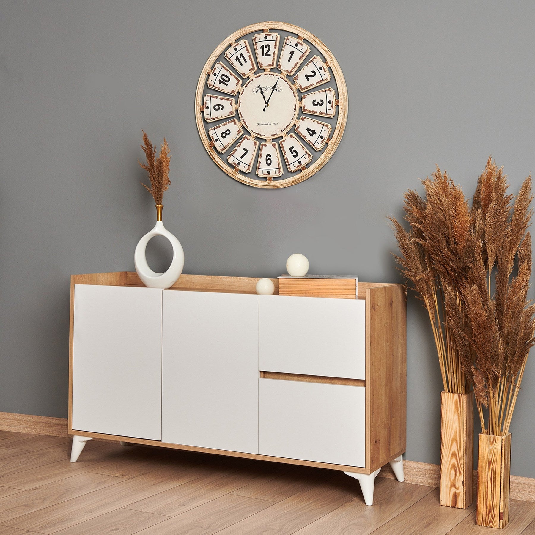 Comoda Tuvalle 032, alb/stejar, PAL, 140x40x78 cm