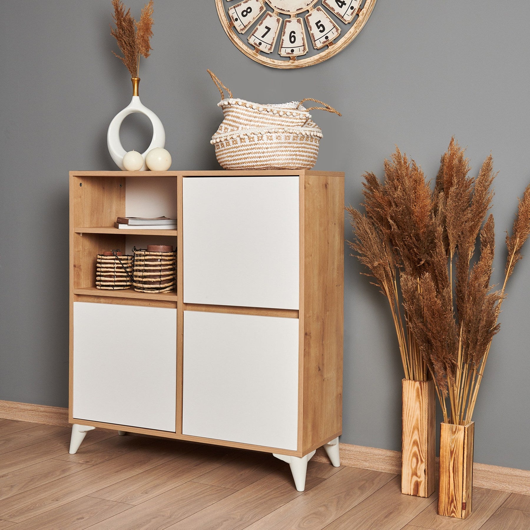 Comoda Tuvalle 042, stejar/alb, PAL melaminat, 97x35x109 cm