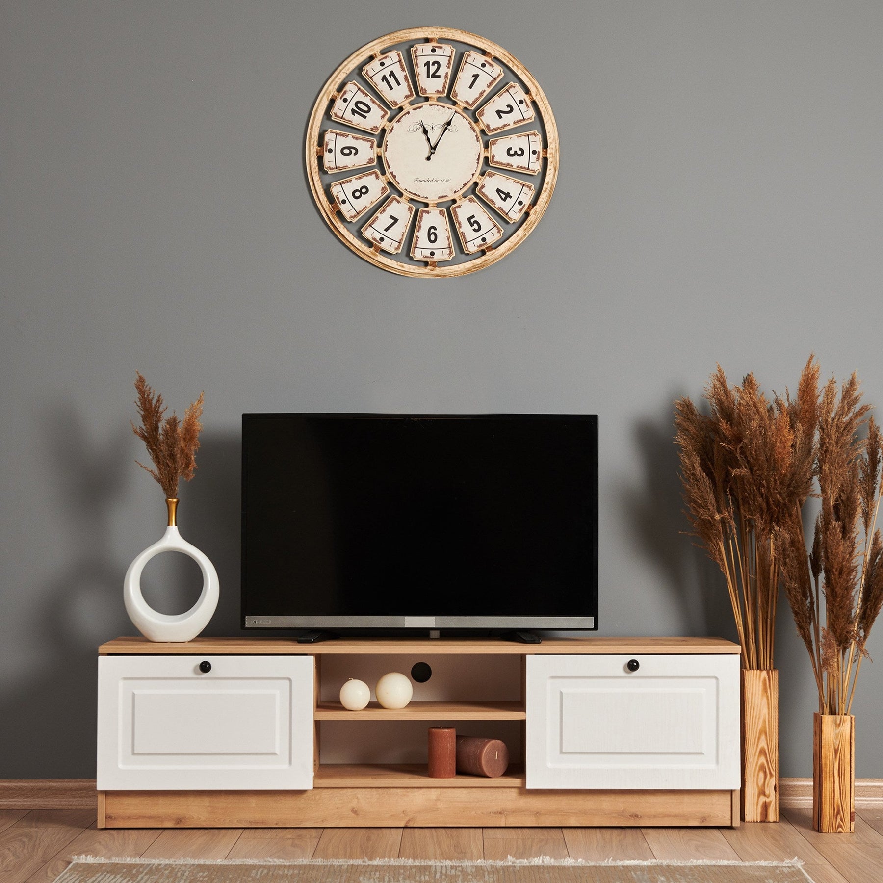 Comoda TV Tuvalle 044, stejar/alb, PAL, 160x34x45 cm