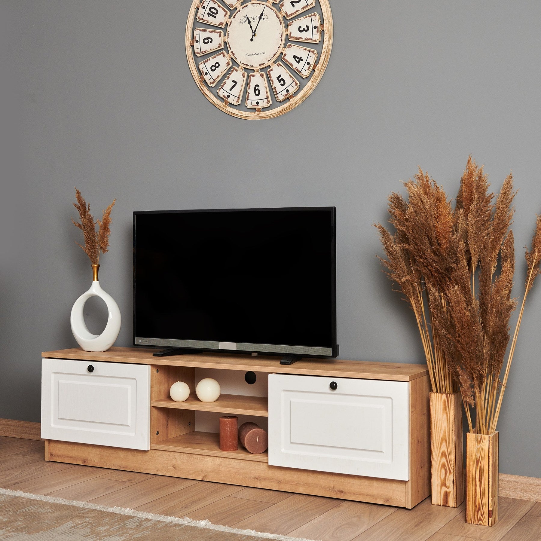 Comoda TV Tuvalle 044, stejar/alb, PAL, 160x34x45 cm