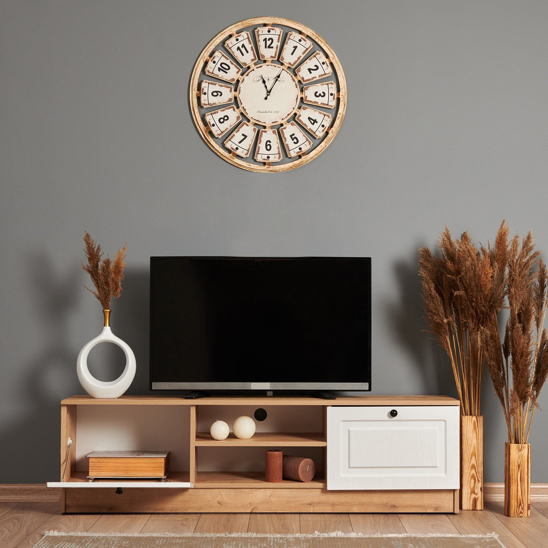 Comoda TV Tuvalle 044, stejar/alb, PAL, 160x34x45 cm