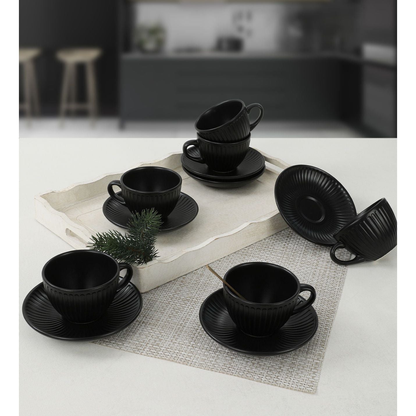 Set 6 cesti cu 6 farfurii ceai TC057012F956A000000MATT300, negru, ceramica 100%