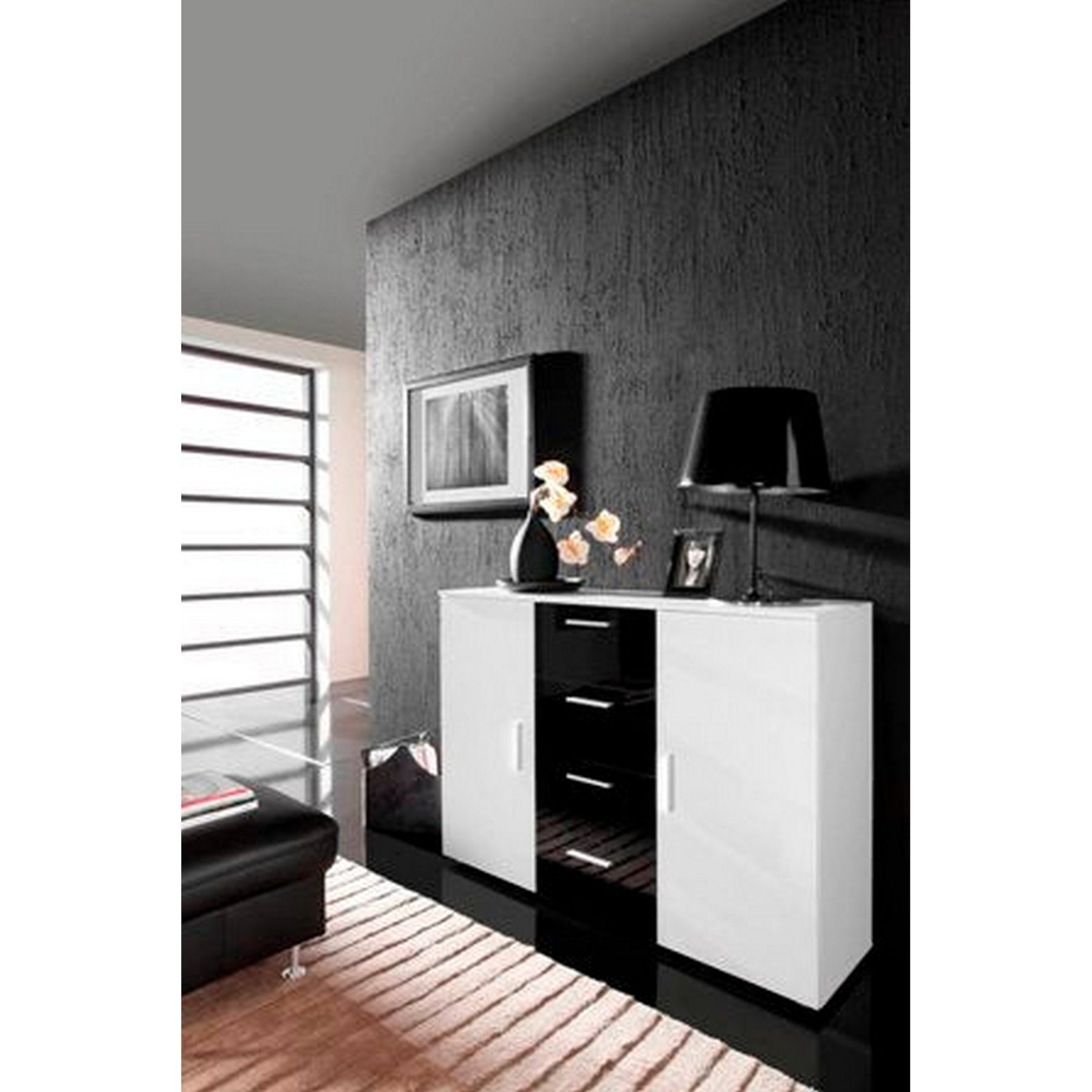 Comoda UNI, alb lucios/negru, 132x38x92 cm