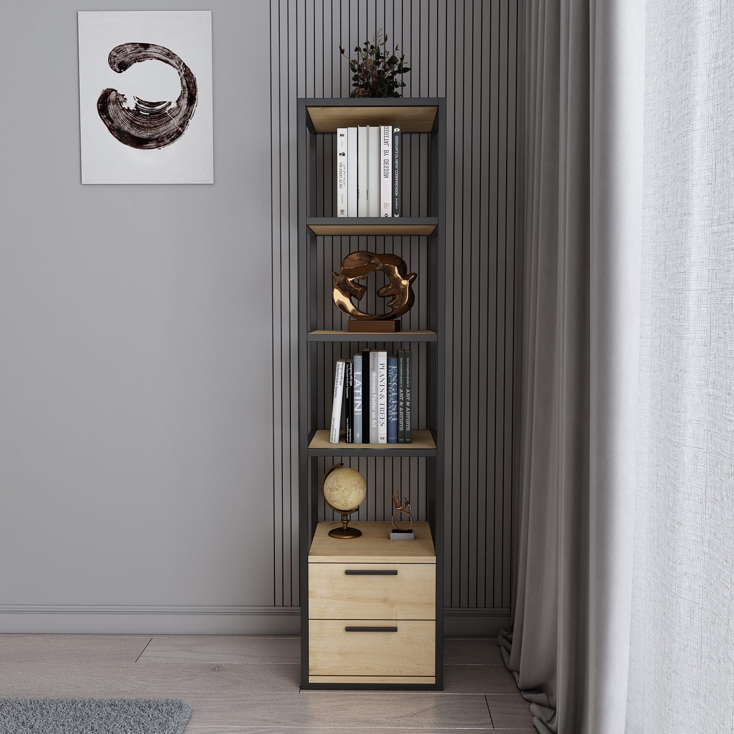Biblioteca RobCoss, negru/stejar, PAL/metal, 39x39x160 cm
