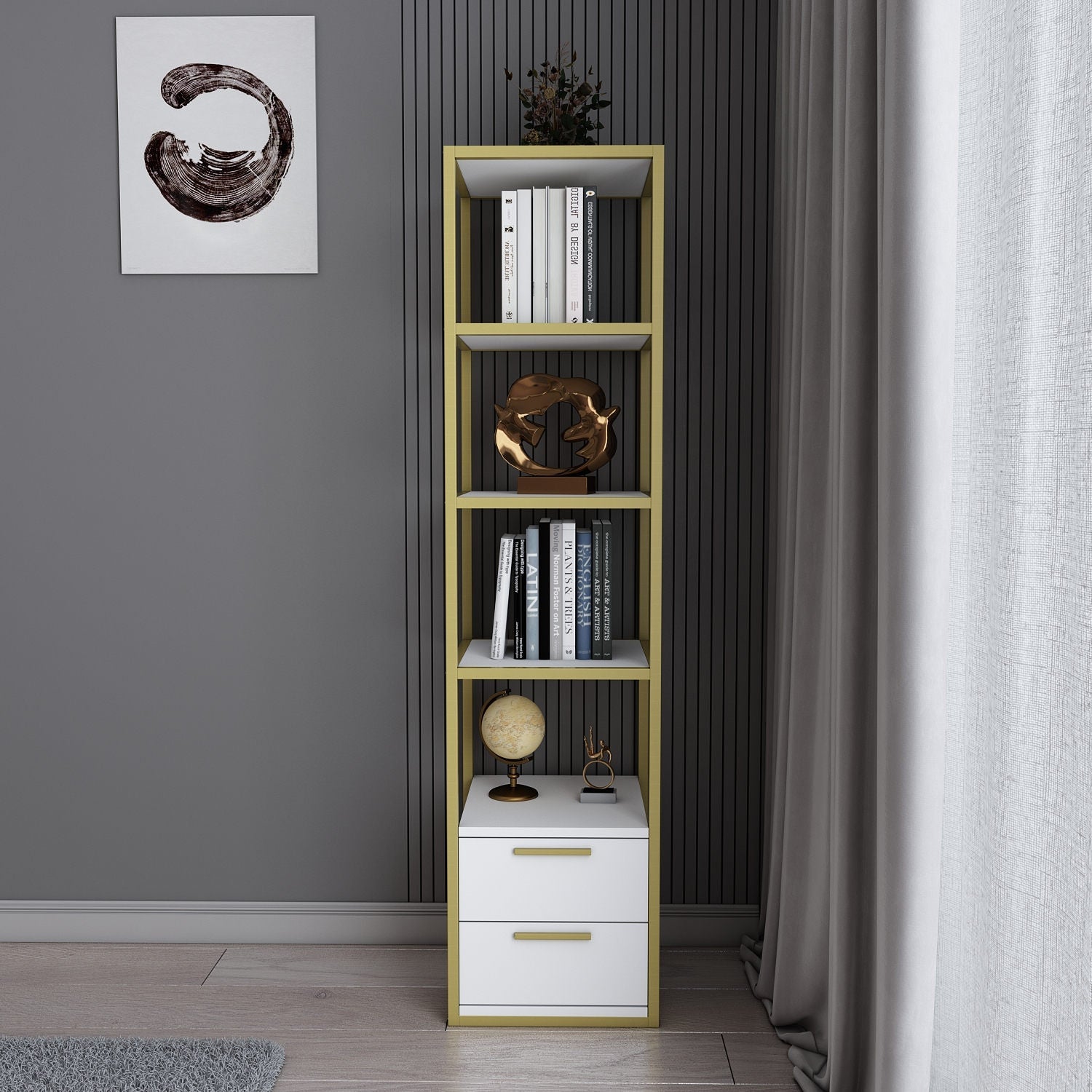 Biblioteca RobCoss, auriu/alb, PAL/metal, 39x39x160 cm