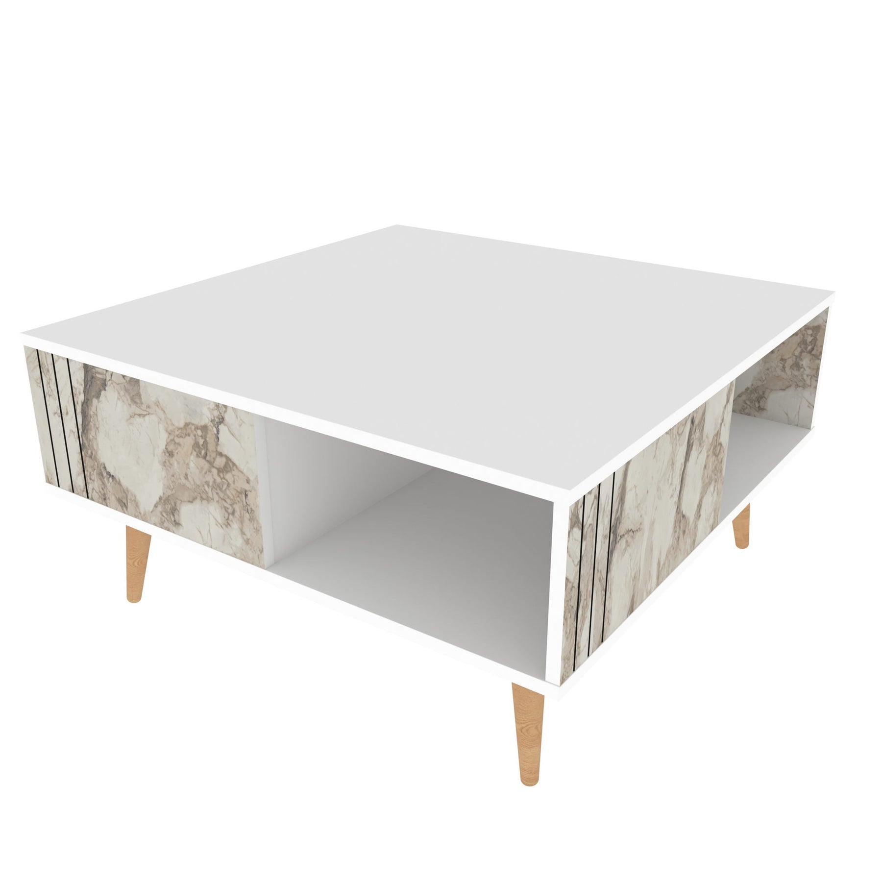 Masuta cafea Ronas, alb cu imprimeu marmura, PAL melaminat, 90x90x46.5 cm