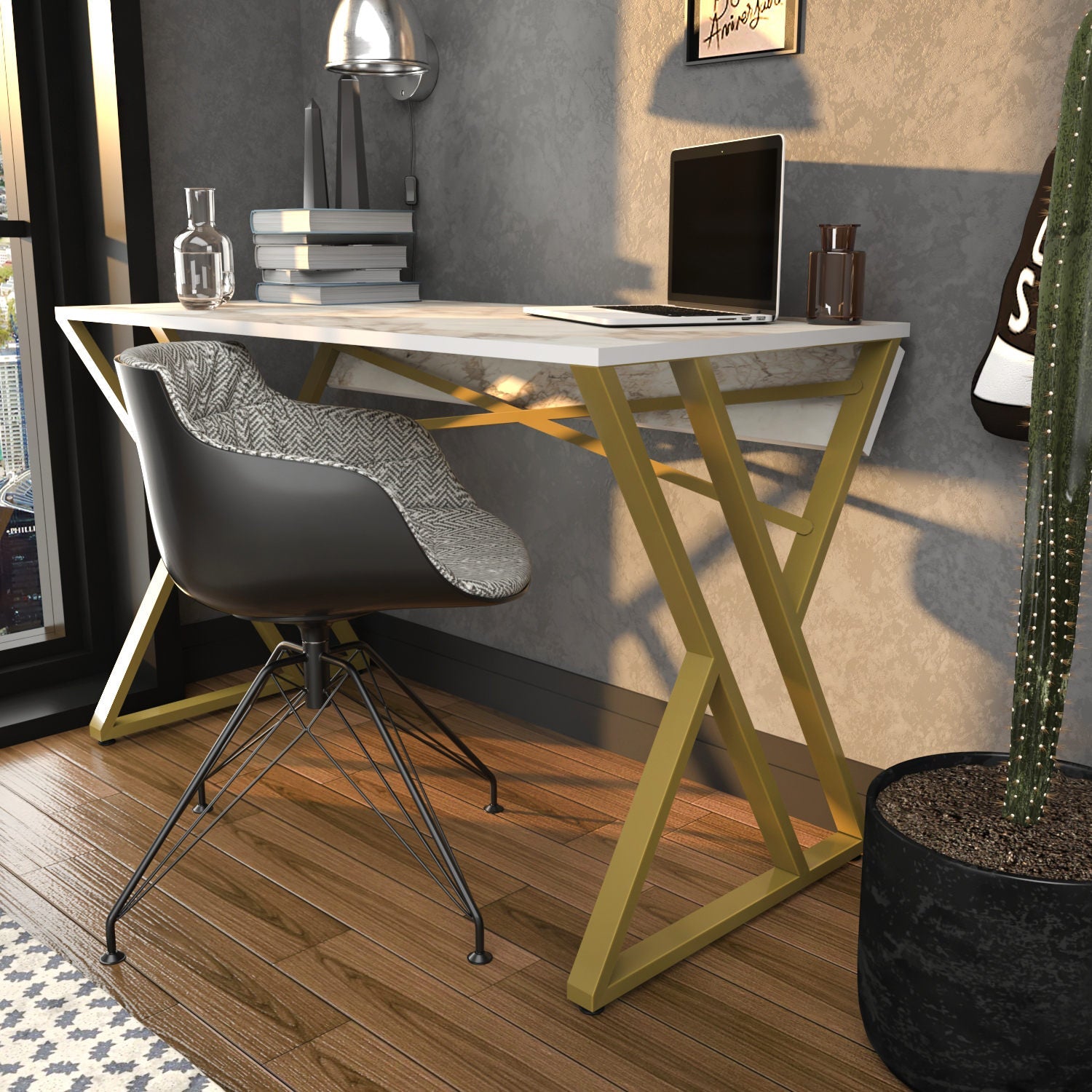 Birou Gyza, alb/auriu, PAL, 120x60x75 cm