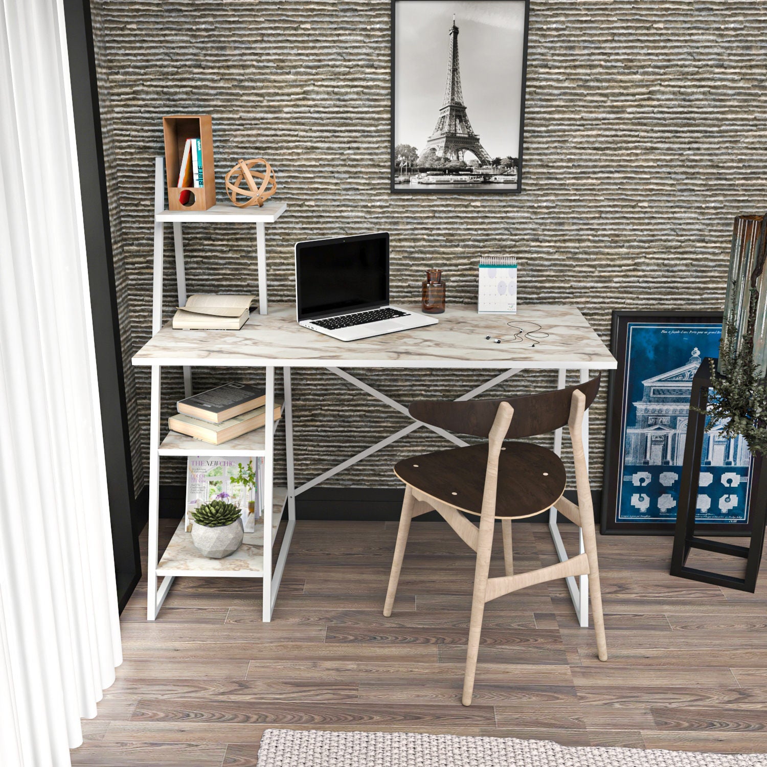 Birou Admira, alb/stejar, PAL/metal, 120x60x120 cm
