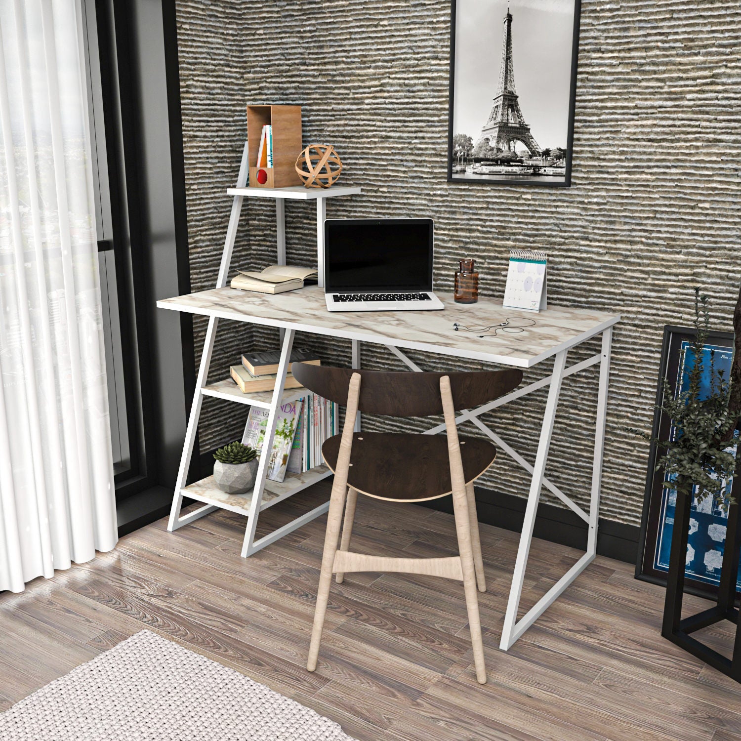 Birou Admira, alb/stejar, PAL/metal, 120x60x120 cm
