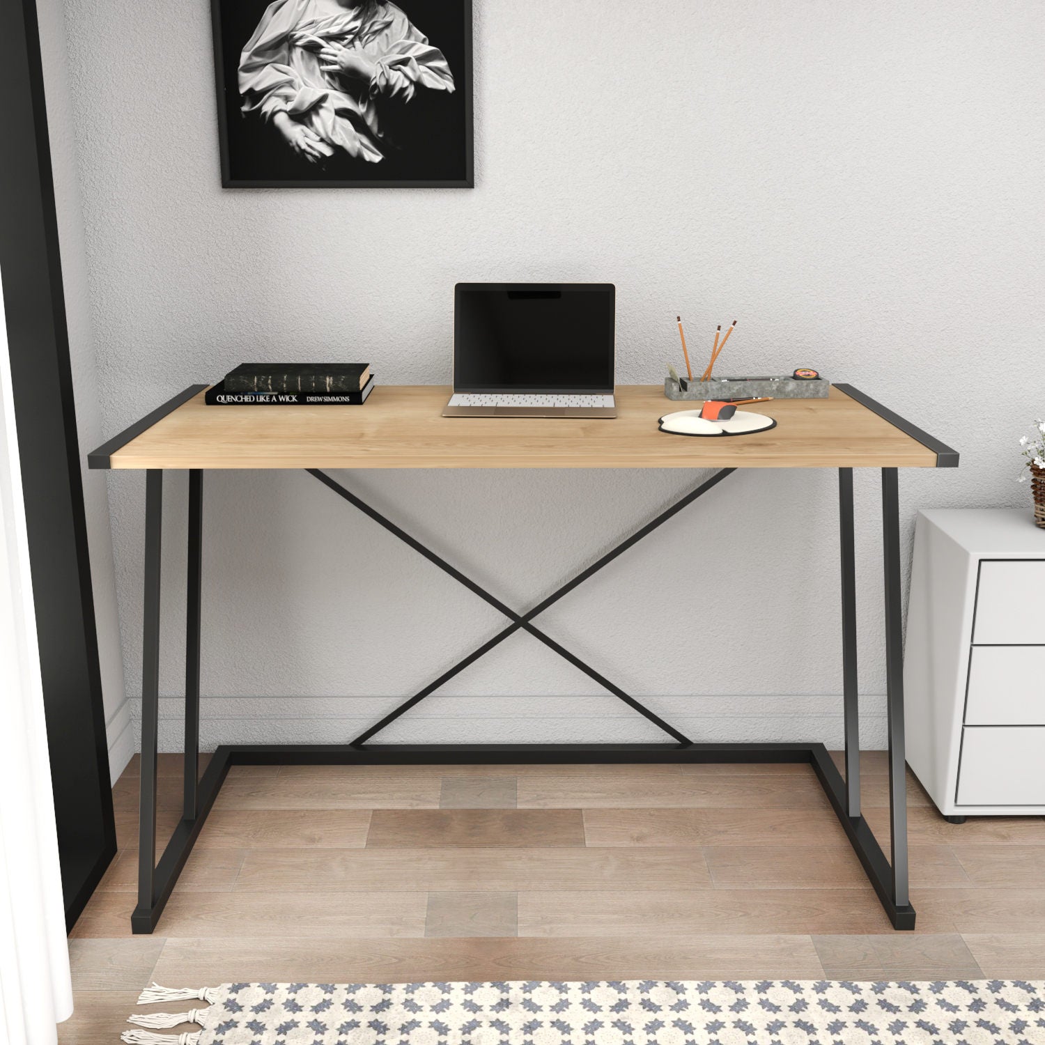 Masa birou Adelaide, stejar/negru, PAL/metal, 114x60x75 cm
