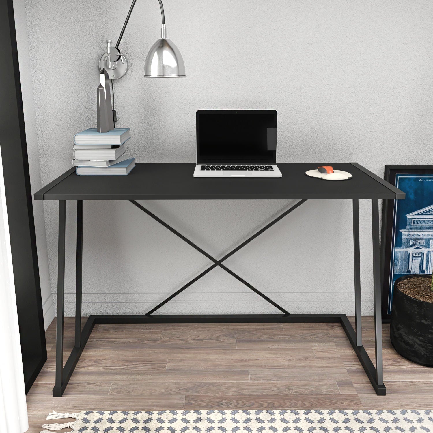 Masa birou Adelaide, negru, PAL/metal, 114x60x75 cm