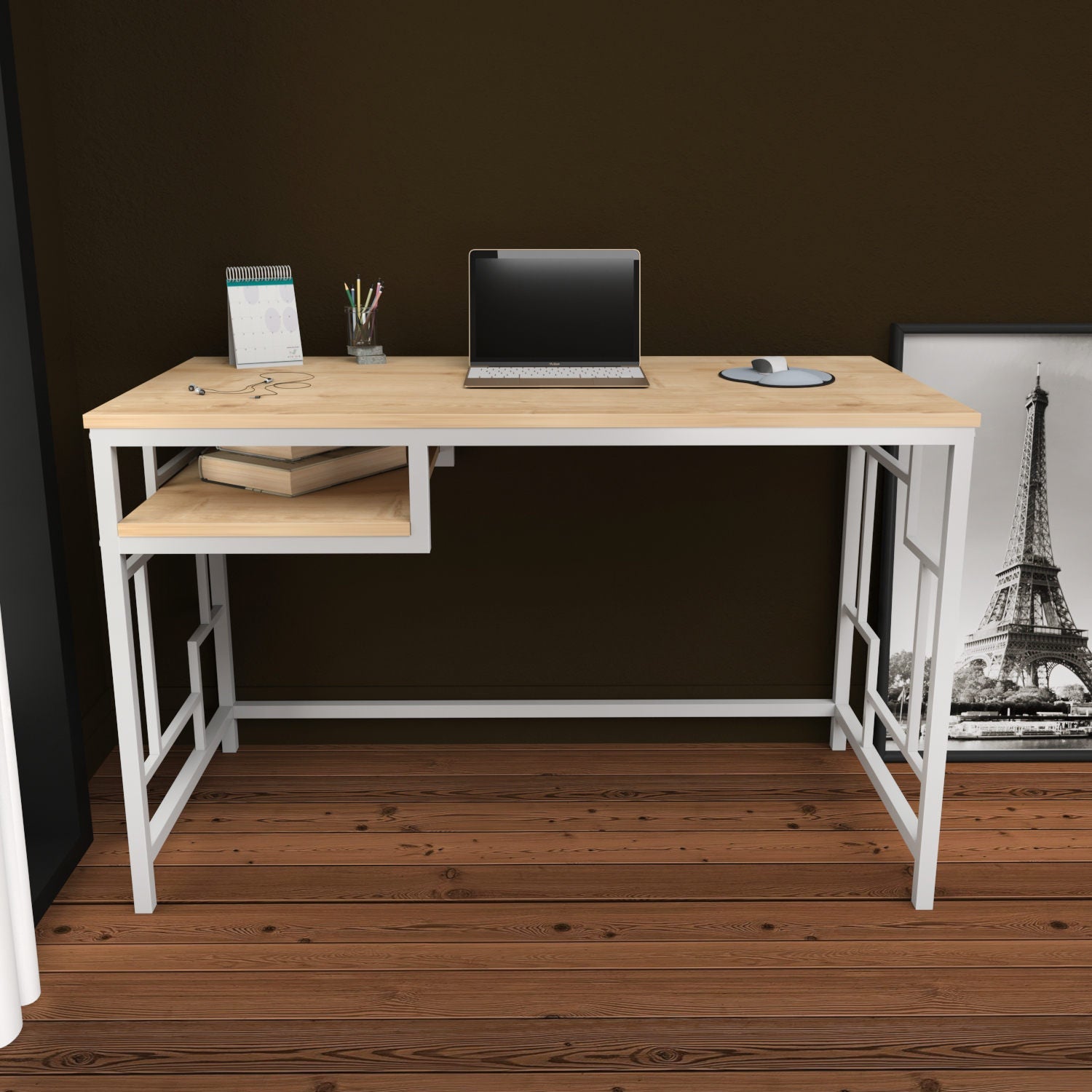 Birou Kennesaw, alb/stejar, PAL, 120x60x75 cm