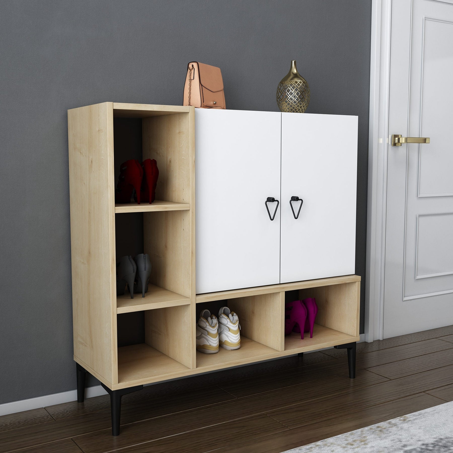 Pantofar Platin, stejar/alb, PAL melaminat, 100x35x100 cm