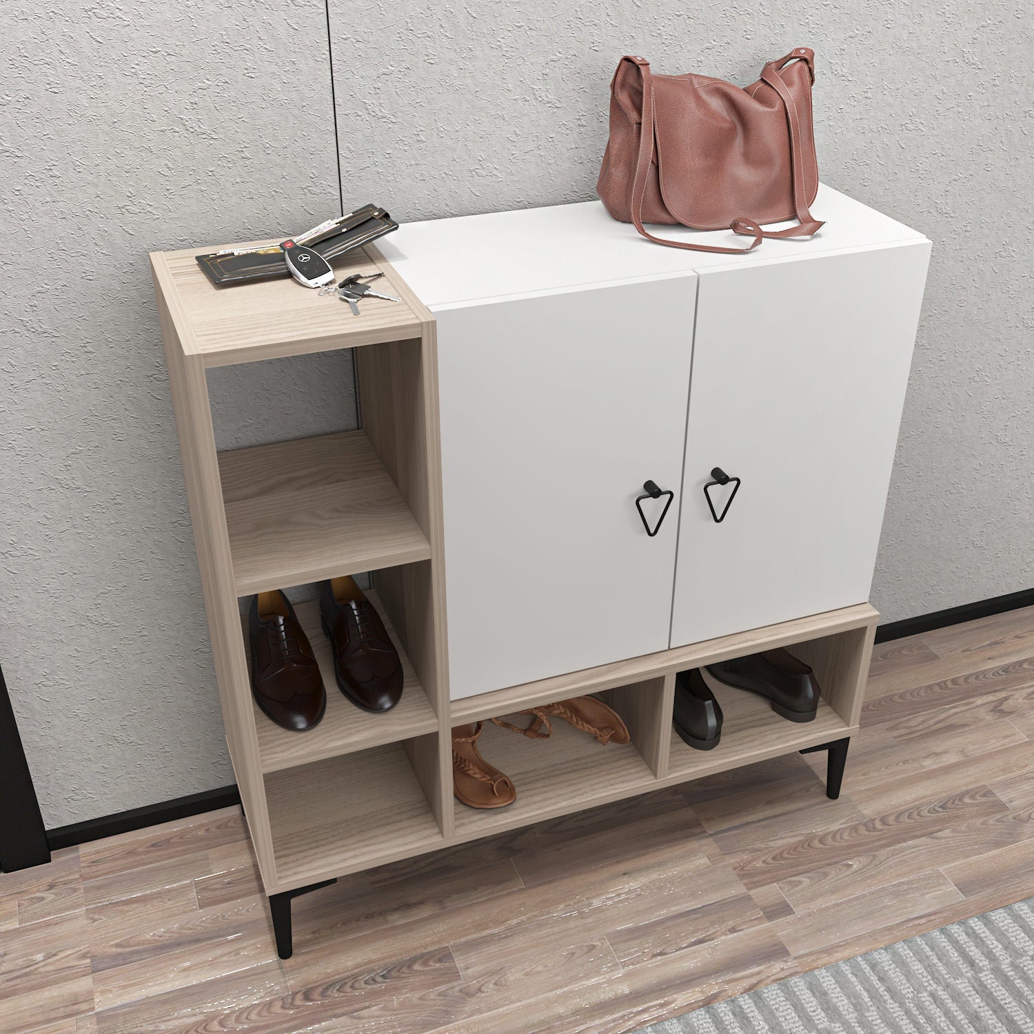 Pantofar Platin, alb/stejar, PAL melaminat, 100x35x100 cm