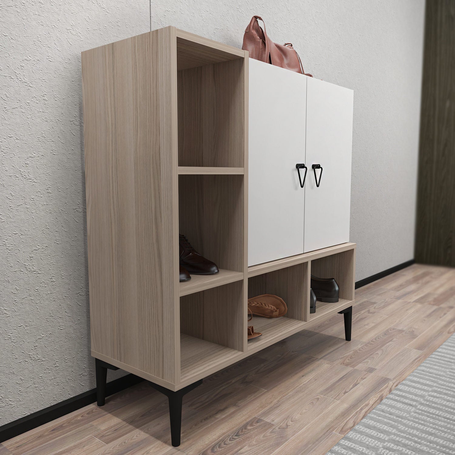 Pantofar Platin, alb/stejar, PAL melaminat, 100x35x100 cm