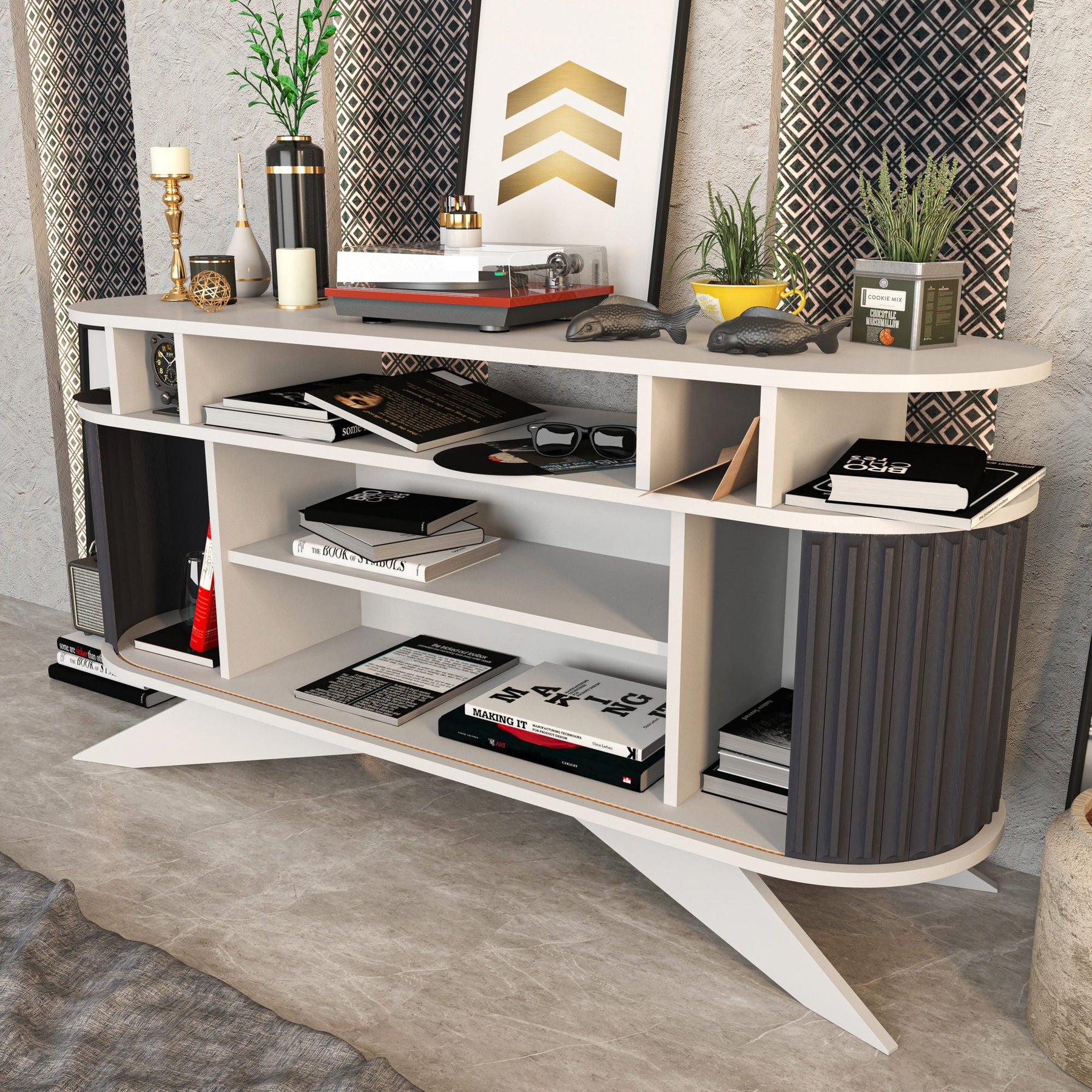 Comoda Stor, alb/gri antracit, PAL melaminat, 150x43x75 cm