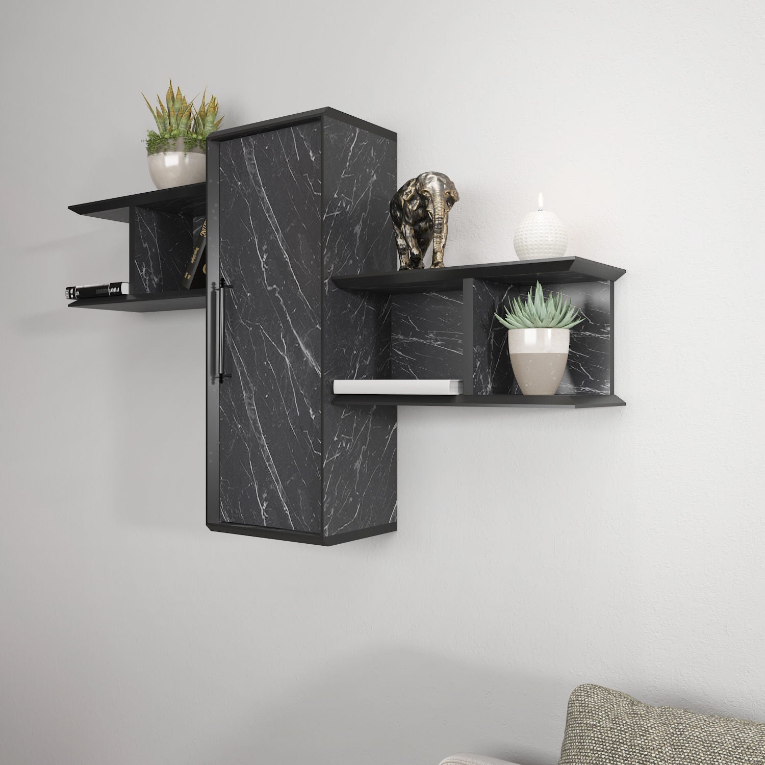 Raft Olida, negru cu imprimeu marmura, PAL melaminat, 119x35x52 cm